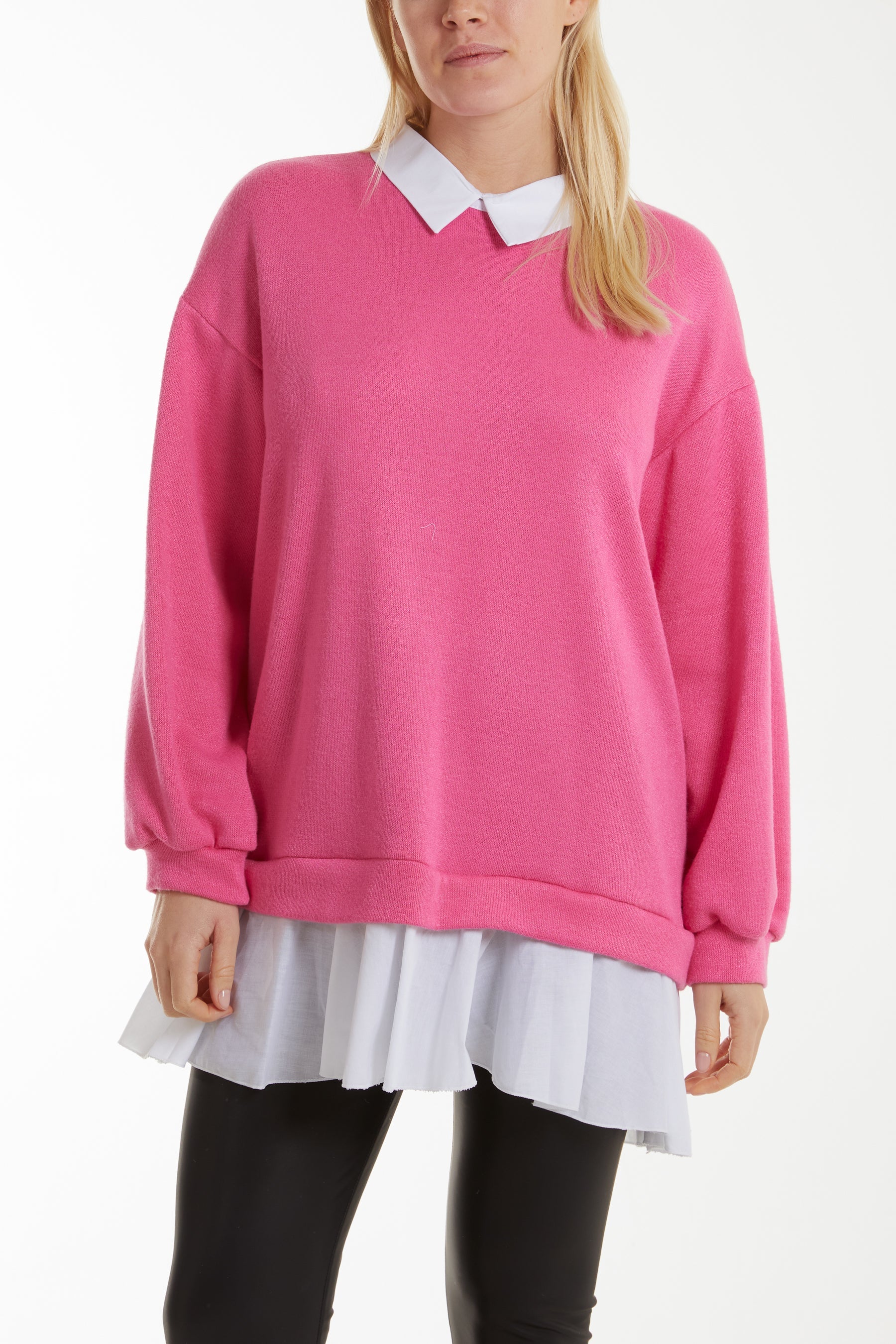 Two In One Knitted Collar Top Jumpers WearAll Hot Pink One Size