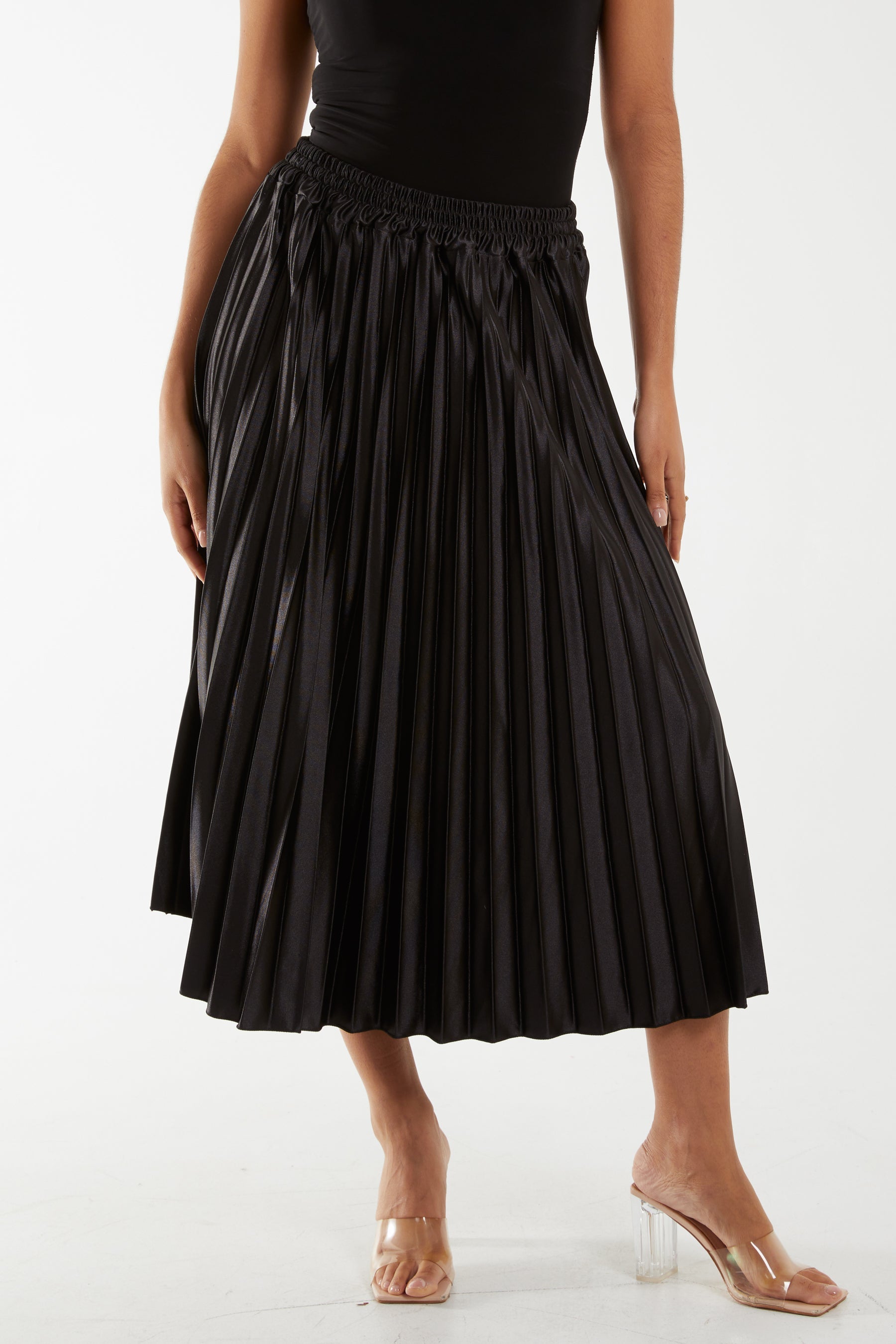 Satin Plisse Midi Skirt Skirts WearAll Black One Size