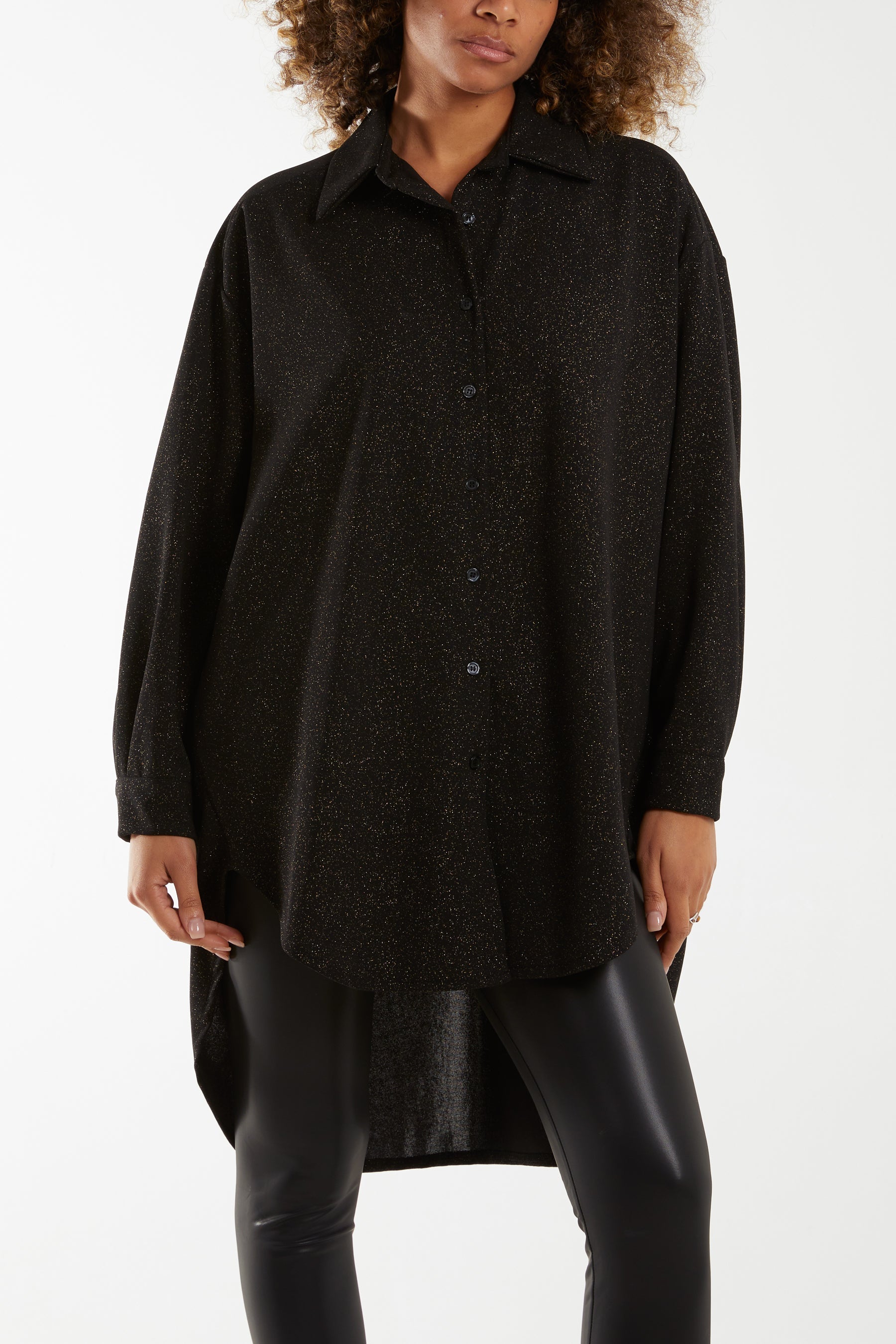 Glitter Oversized Long Sleeve Shirt Shirts WearAll Gold One Size
