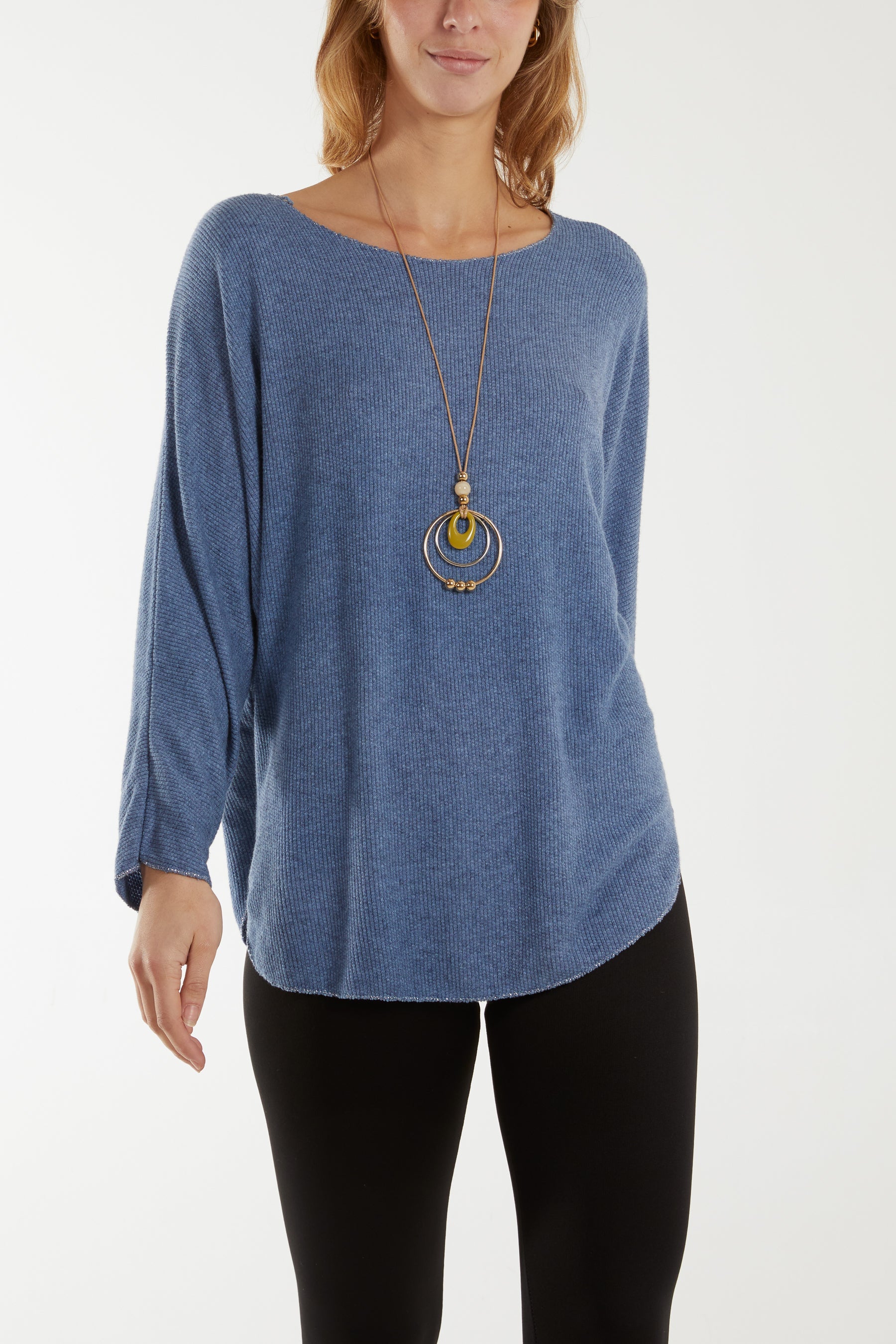 Waffle Fine Knit Batwing Necklace Jumper Jumpers WearAll Denim One Size