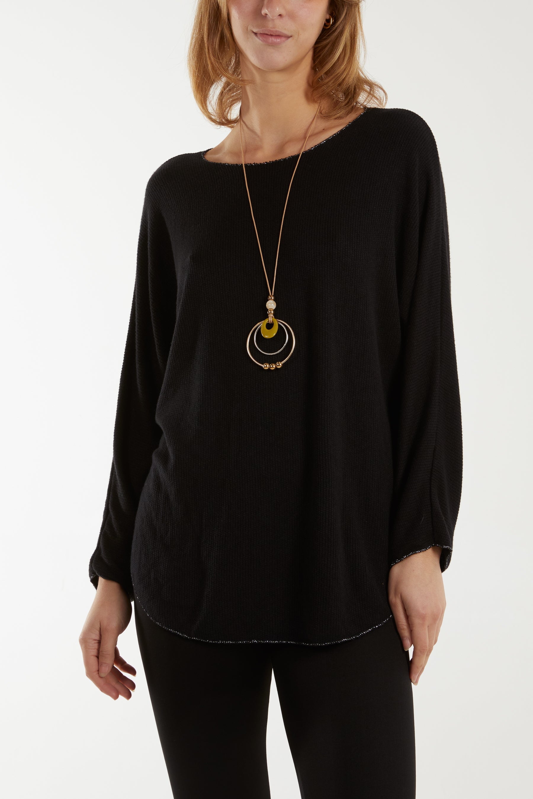 Waffle Fine Knit Batwing Necklace Jumper Jumpers WearAll Black One Size