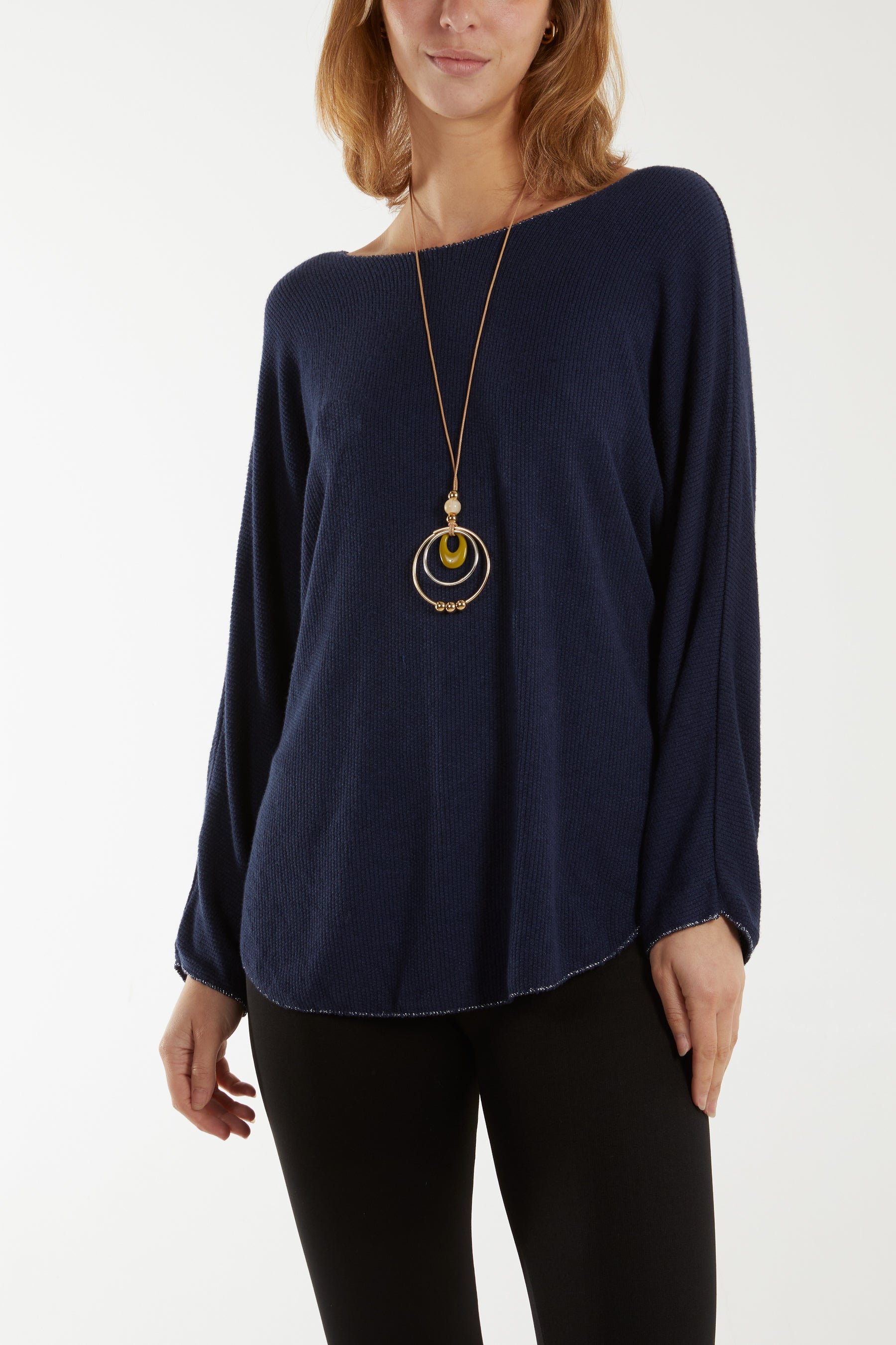 Waffle Fine Knit Batwing Necklace Jumper Jumpers WearAll Navy One Size