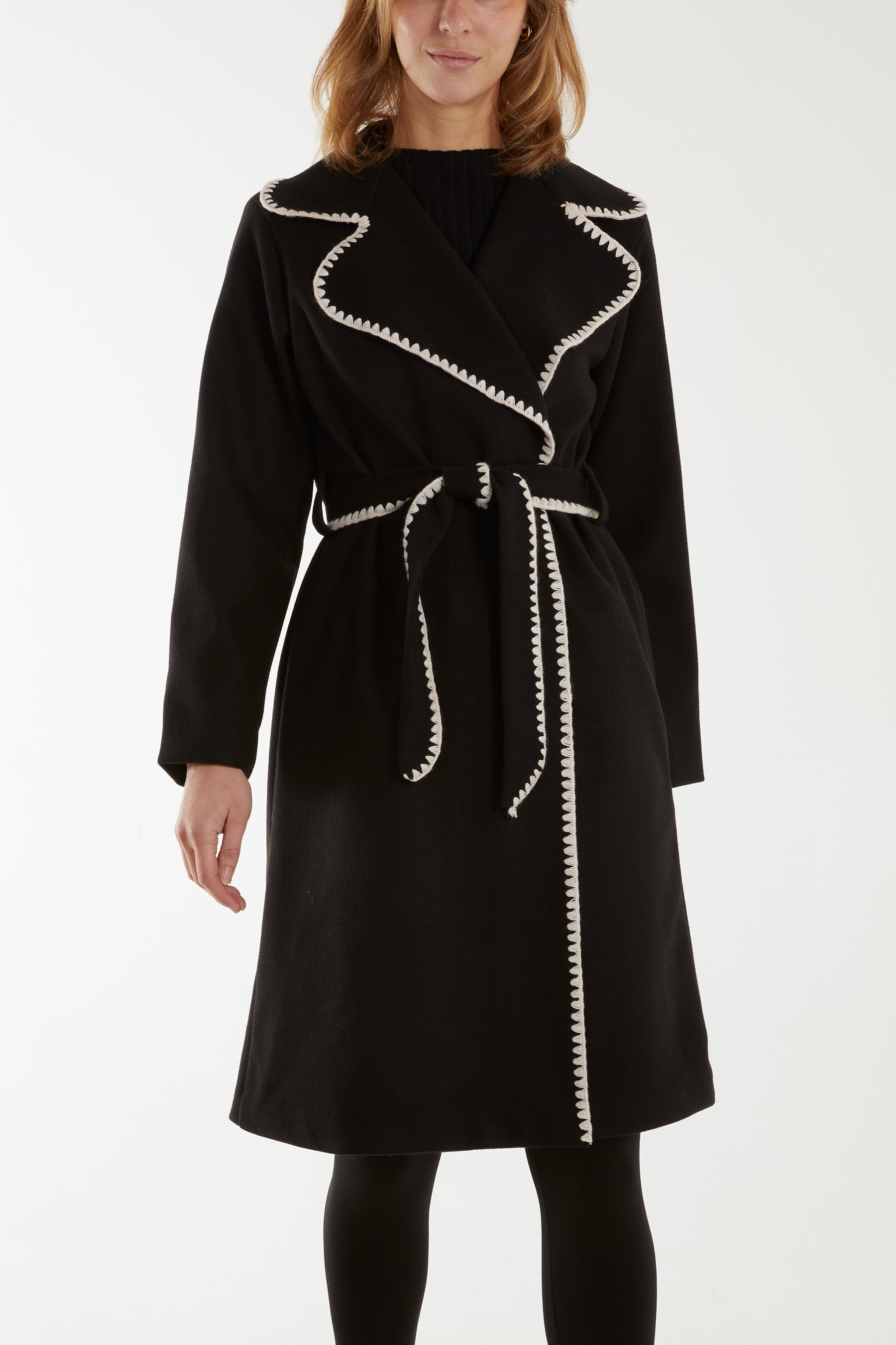 Blanket Stitch Hem Tied Waist Coat Coats WearAll Black One Size