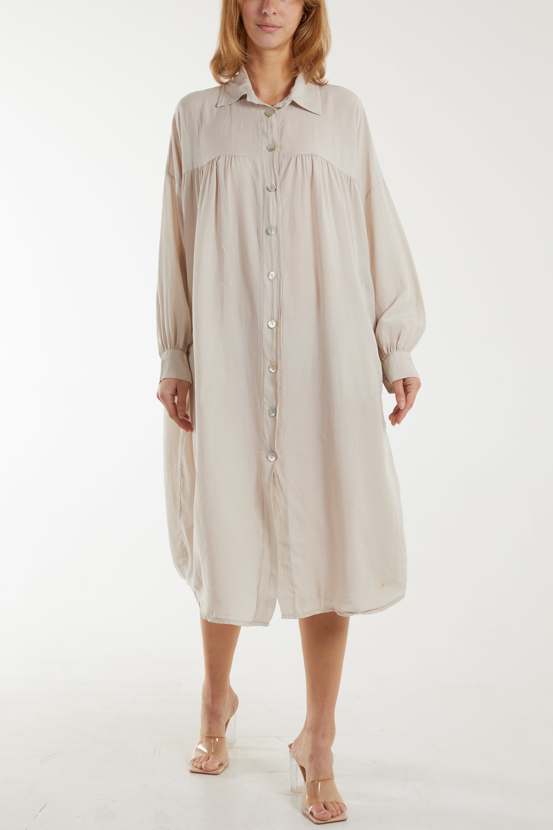 Long Sleeve Pockets Shirt Dress Dresses WearAll Stone One Size