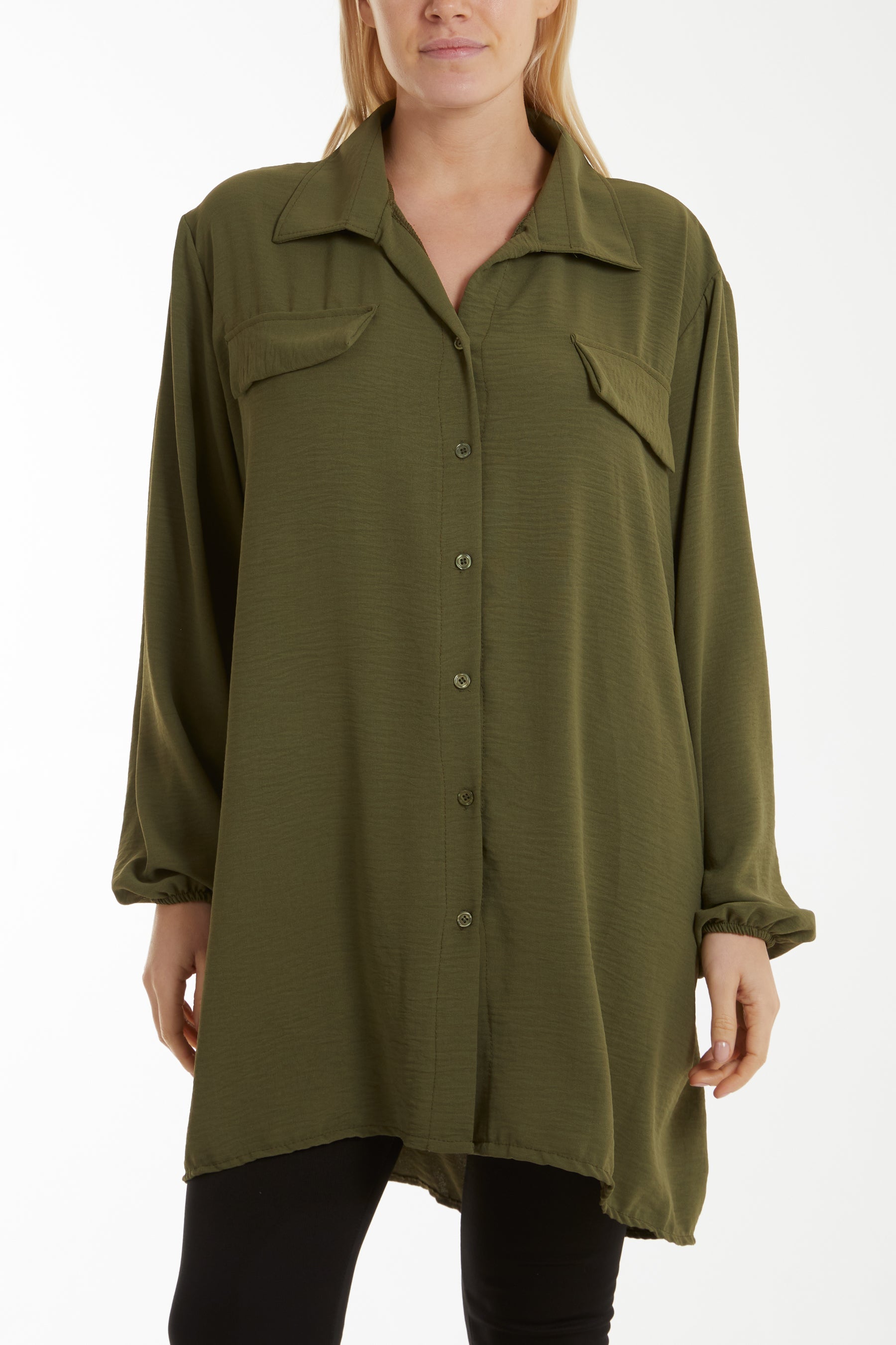 Front Flaps Long Sleeve Oversized Shirt Shirts WearAll Khaki One Size