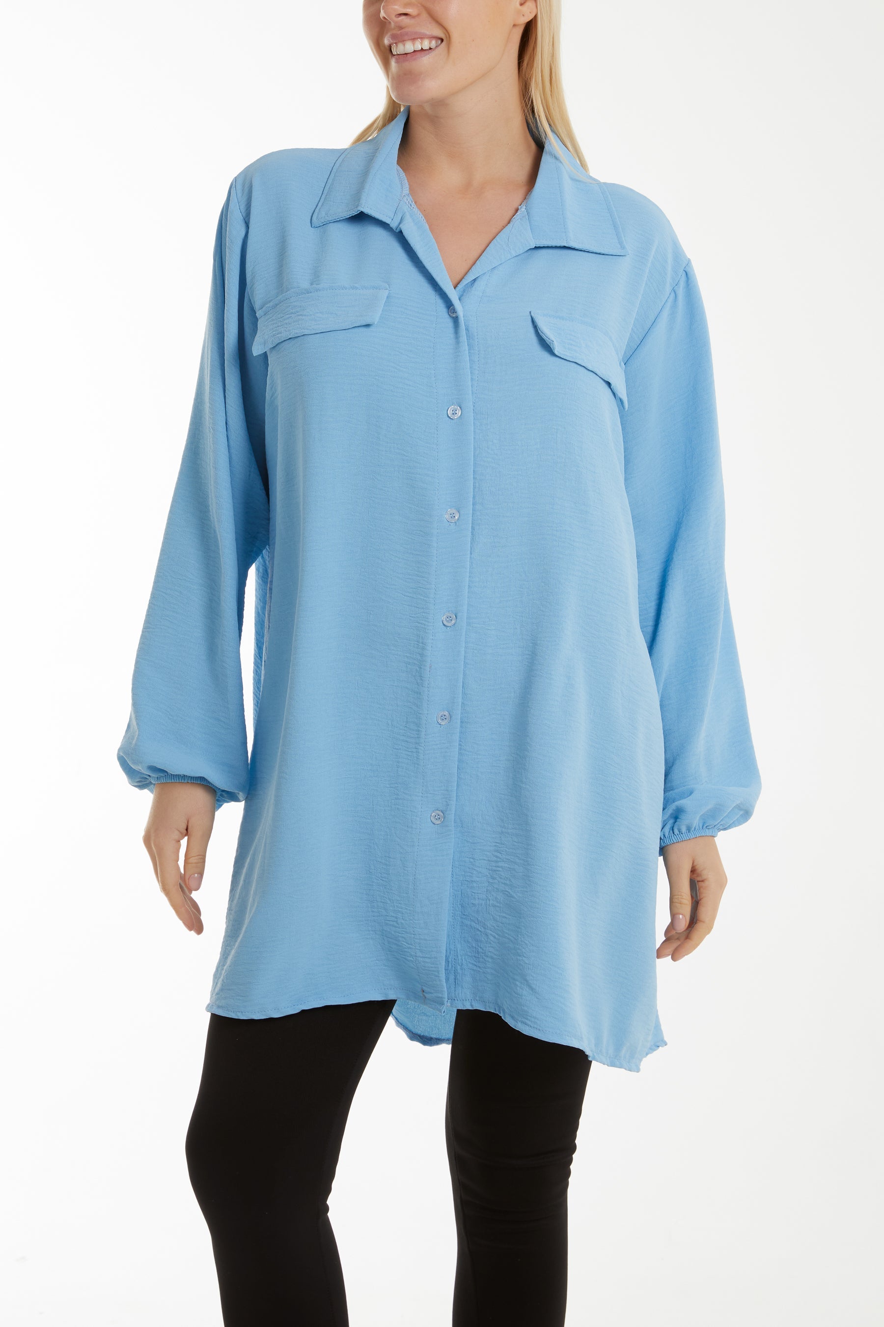 Front Flaps Long Sleeve Oversized Shirt Shirts WearAll Light Blue One Size