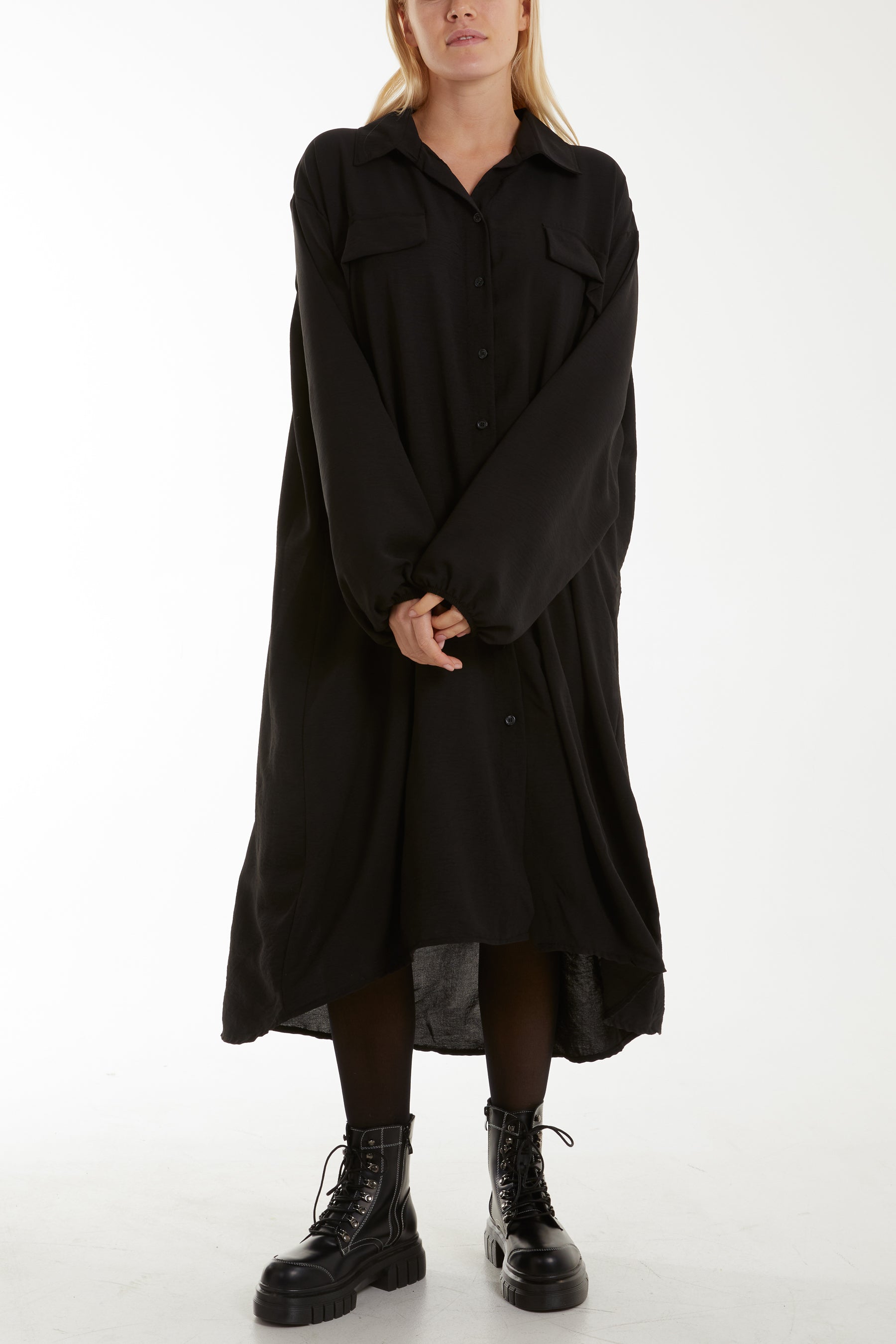 Front Flaps Long Sleeve Shirt Dress Dresses WearAll Black One Size