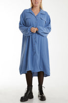 Front Flaps Long Sleeve Shirt Dress Dresses WearAll Denim One Size