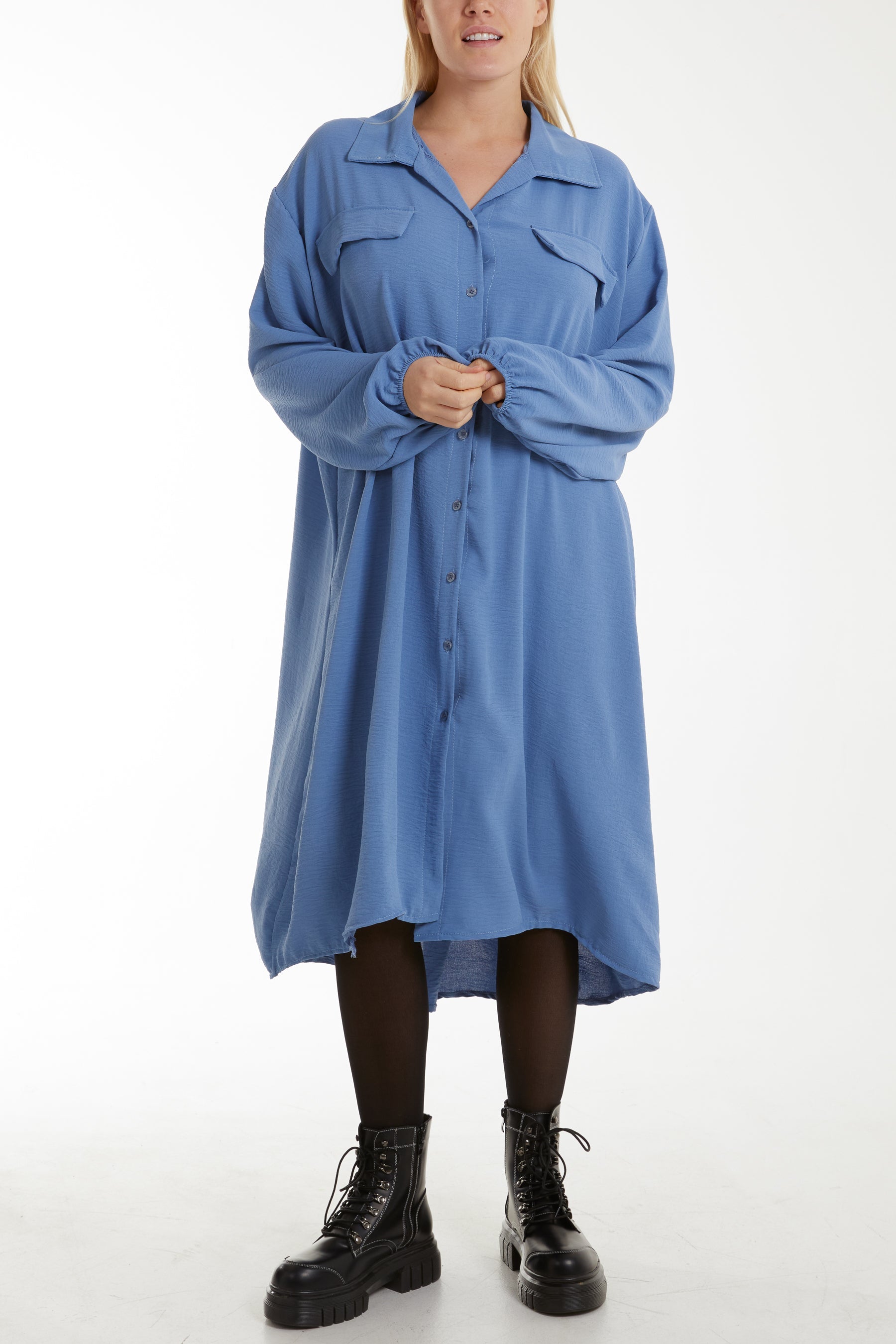 Front Flaps Long Sleeve Shirt Dress Dresses WearAll Denim One Size