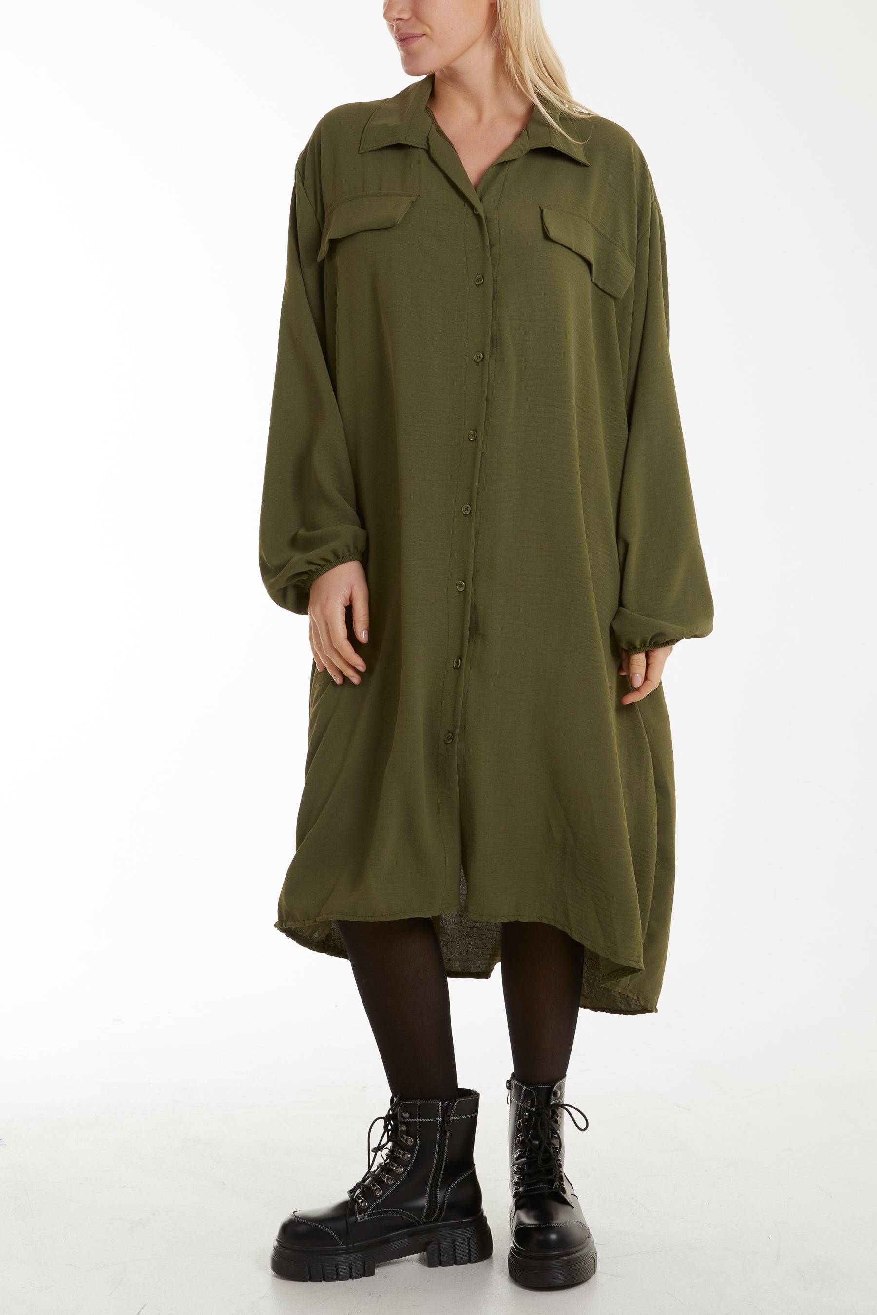 Front Flaps Long Sleeve Shirt Dress Dresses WearAll Khaki One Size