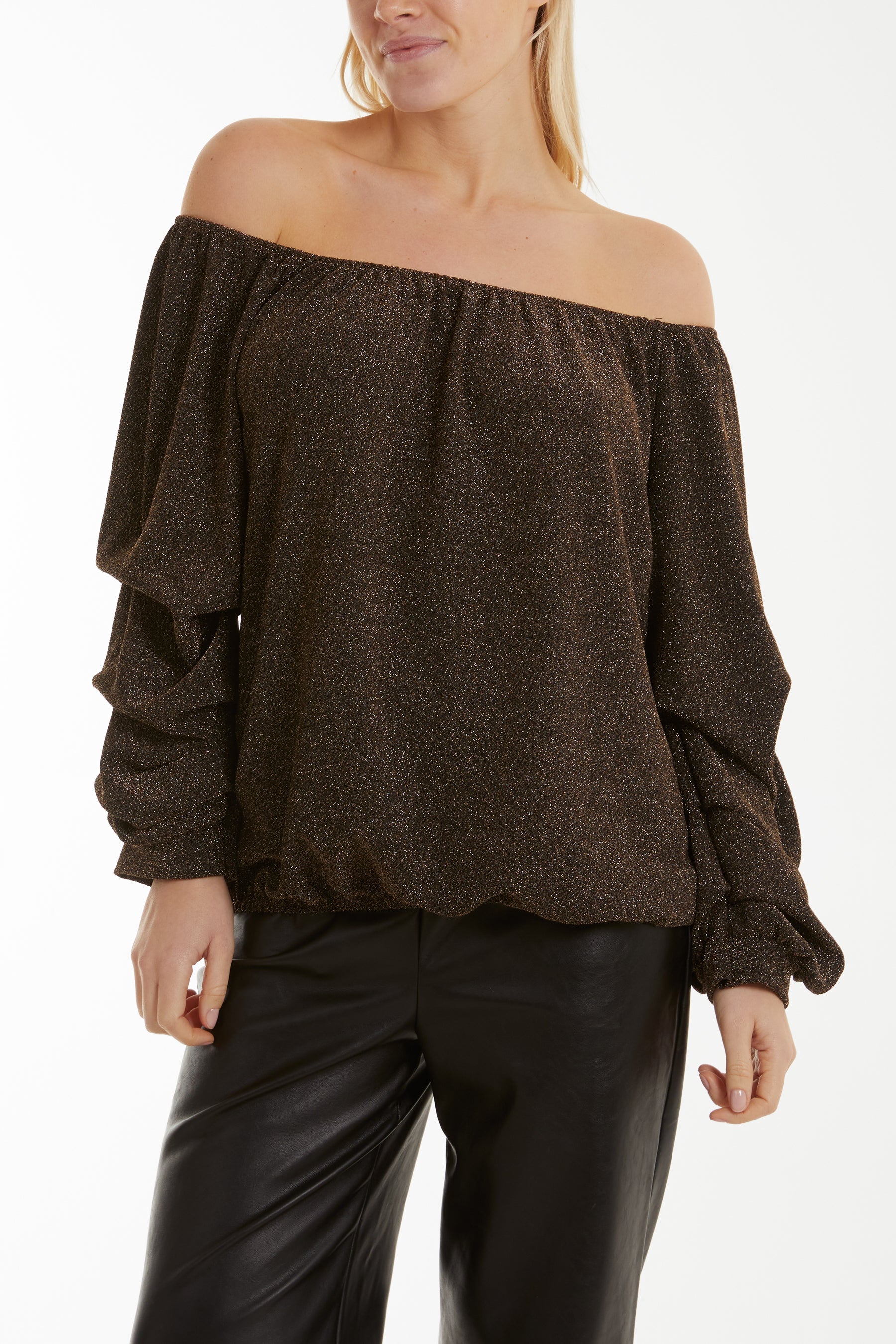Glitter Lurex Bubble Hem Bardot Top Tops WearAll Gold One Size