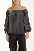 Glitter Lurex Bubble Hem Bardot Top Tops WearAll Silver One Size