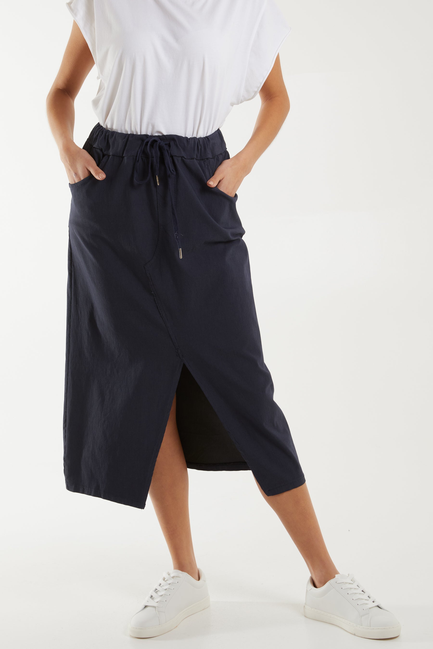 Magic String Front Split Pencil Skirt Skirts WearAll Navy One Size