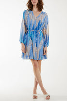 Blurred Zig Zag Belted Mini Dress Dresses WearAll Light Blue One Size