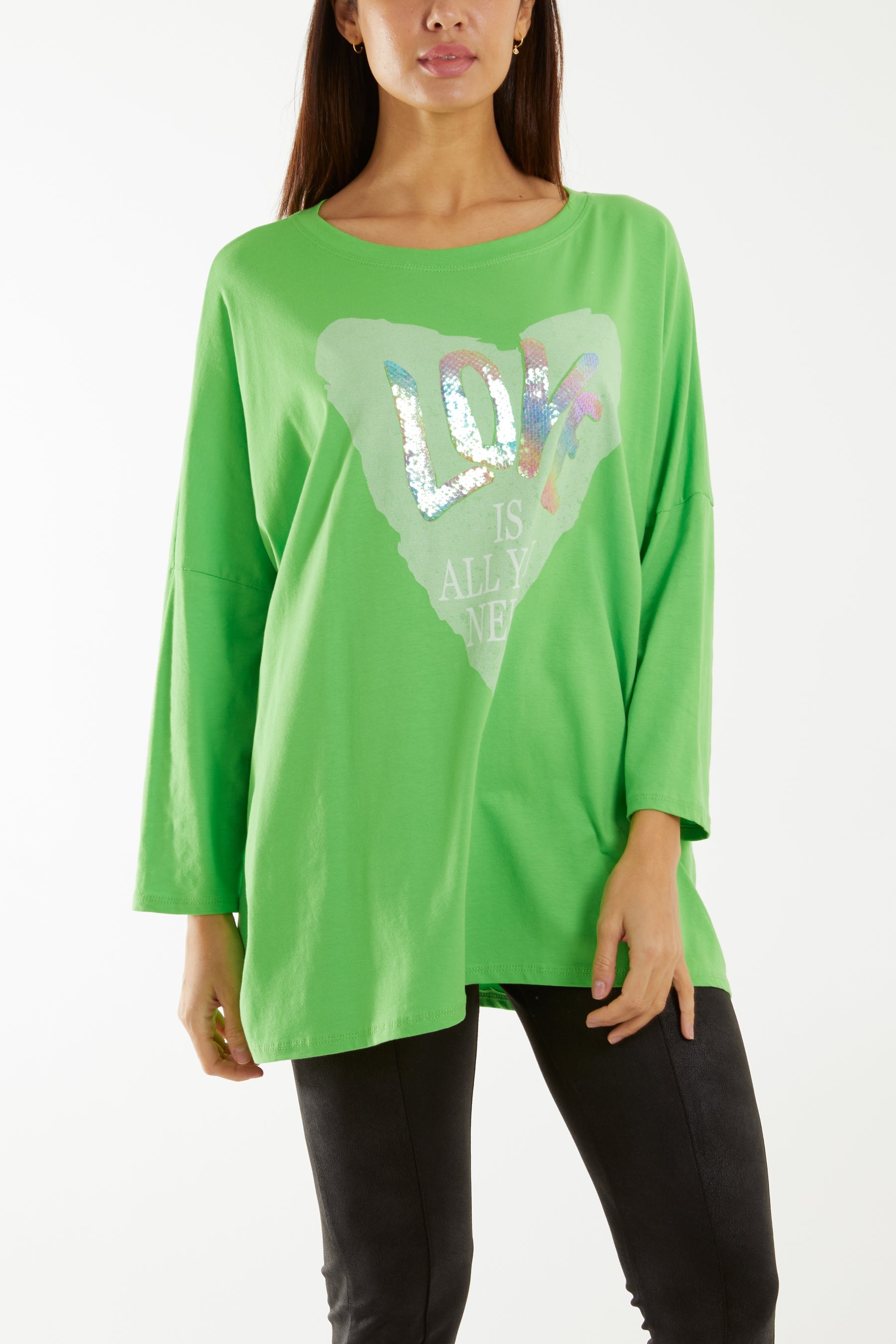 "Love" Rainbow Sequin Long Sleeve Top T-shirts WearAll Apple Green One Size