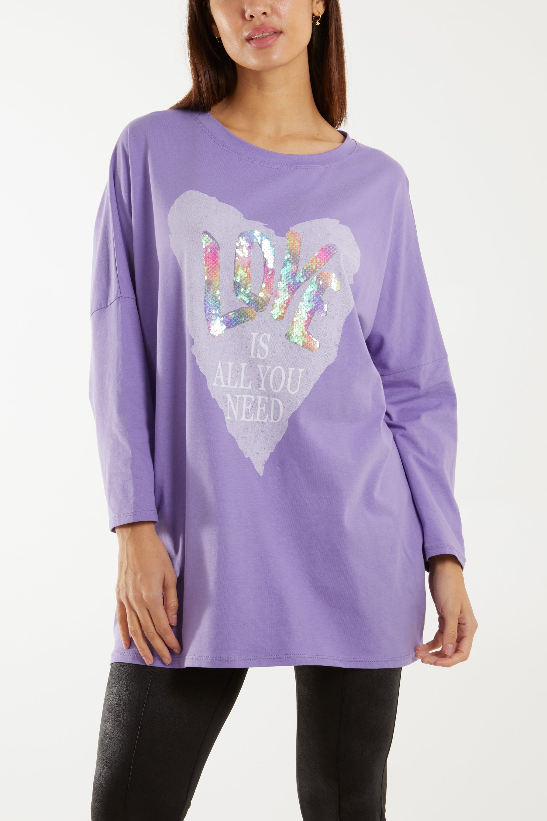 "Love" Rainbow Sequin Long Sleeve Top T-shirts WearAll Lilac One Size
