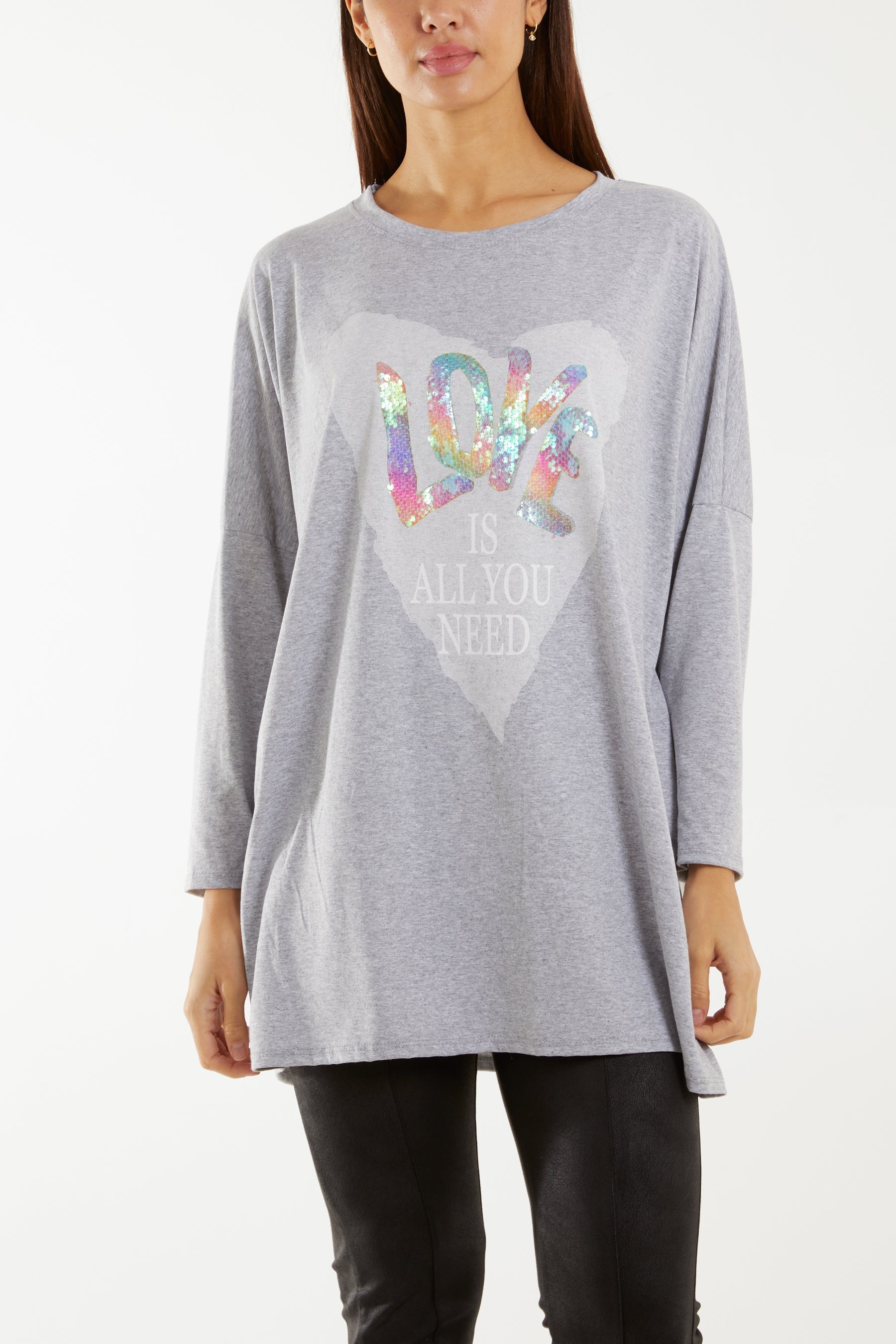 "Love" Rainbow Sequin Long Sleeve Top T-shirts WearAll Grey One Size