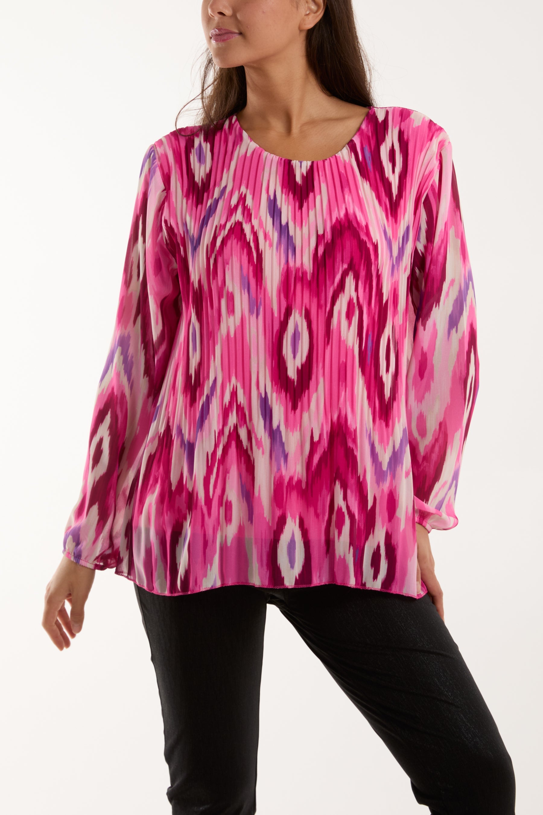 Blurred Zig Zag Pleated Blouse Blouses WearAll Fuchsia One Size