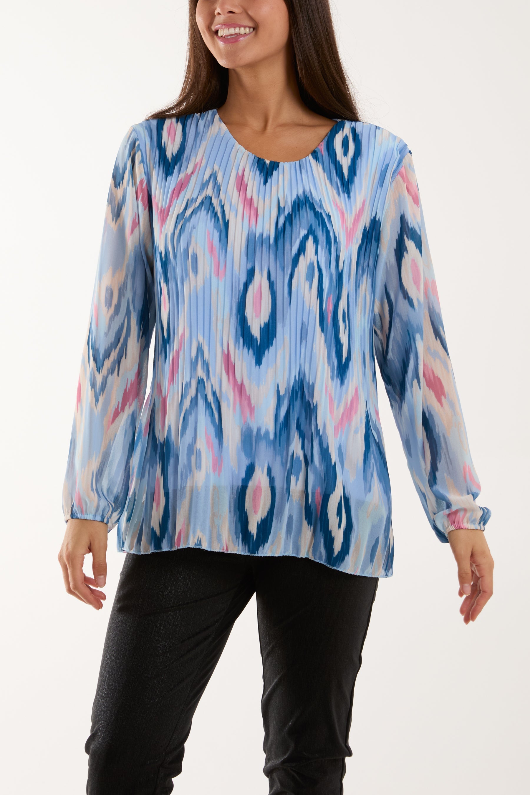 Blurred Zig Zag Pleated Blouse Blouses WearAll Light Blue One Size
