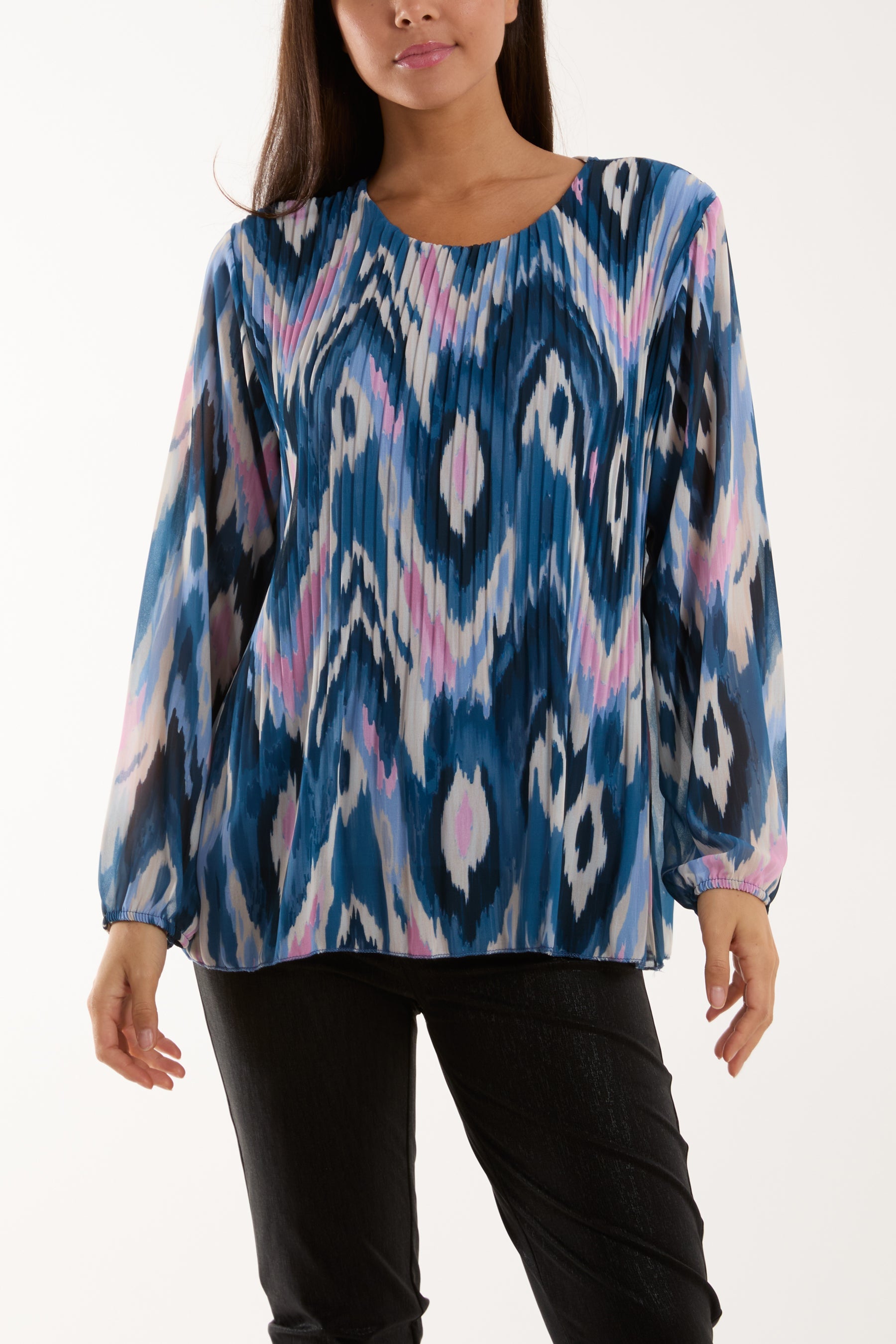 Blurred Zig Zag Pleated Blouse Blouses WearAll Denim One Size
