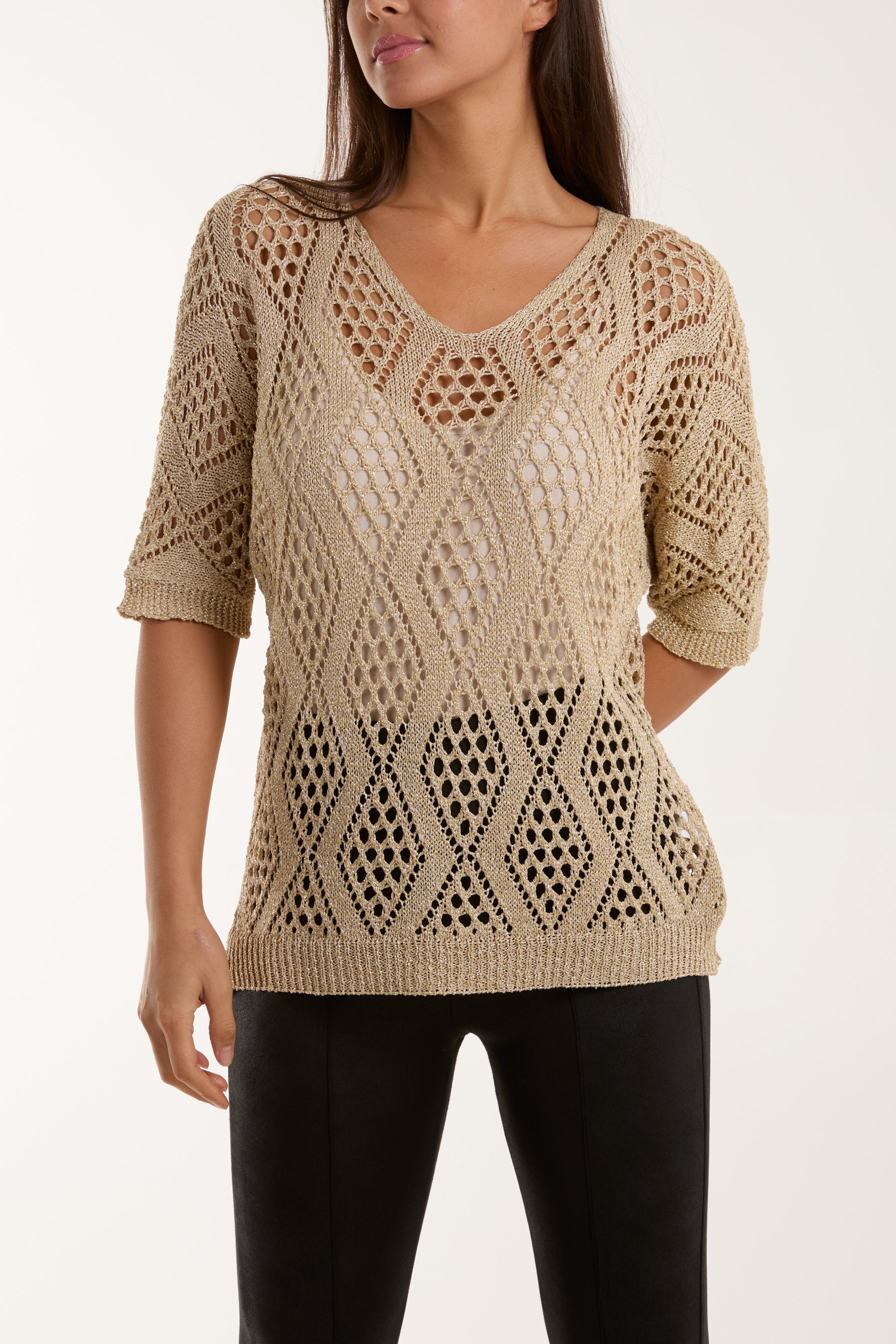 Diamond Lurex Crochet Top Tops WearAll Gold One Size