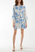 Lily Print Sleeve Detail Mini Dress Dresses WearAll Light Blue S-M-L