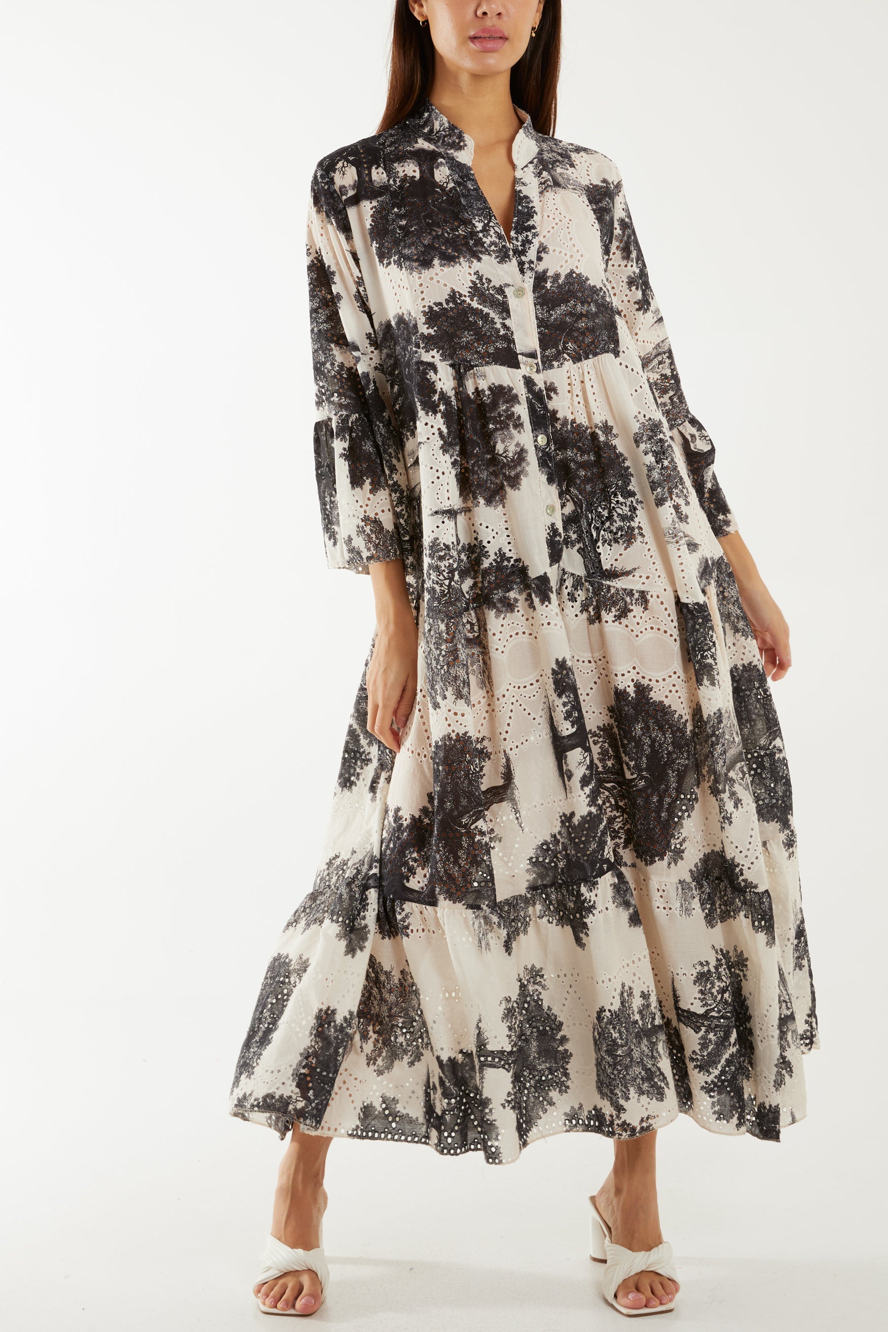 Broderie Anglaise Trees Tiered Maxi Dress Dresses WearAll Stone One Size