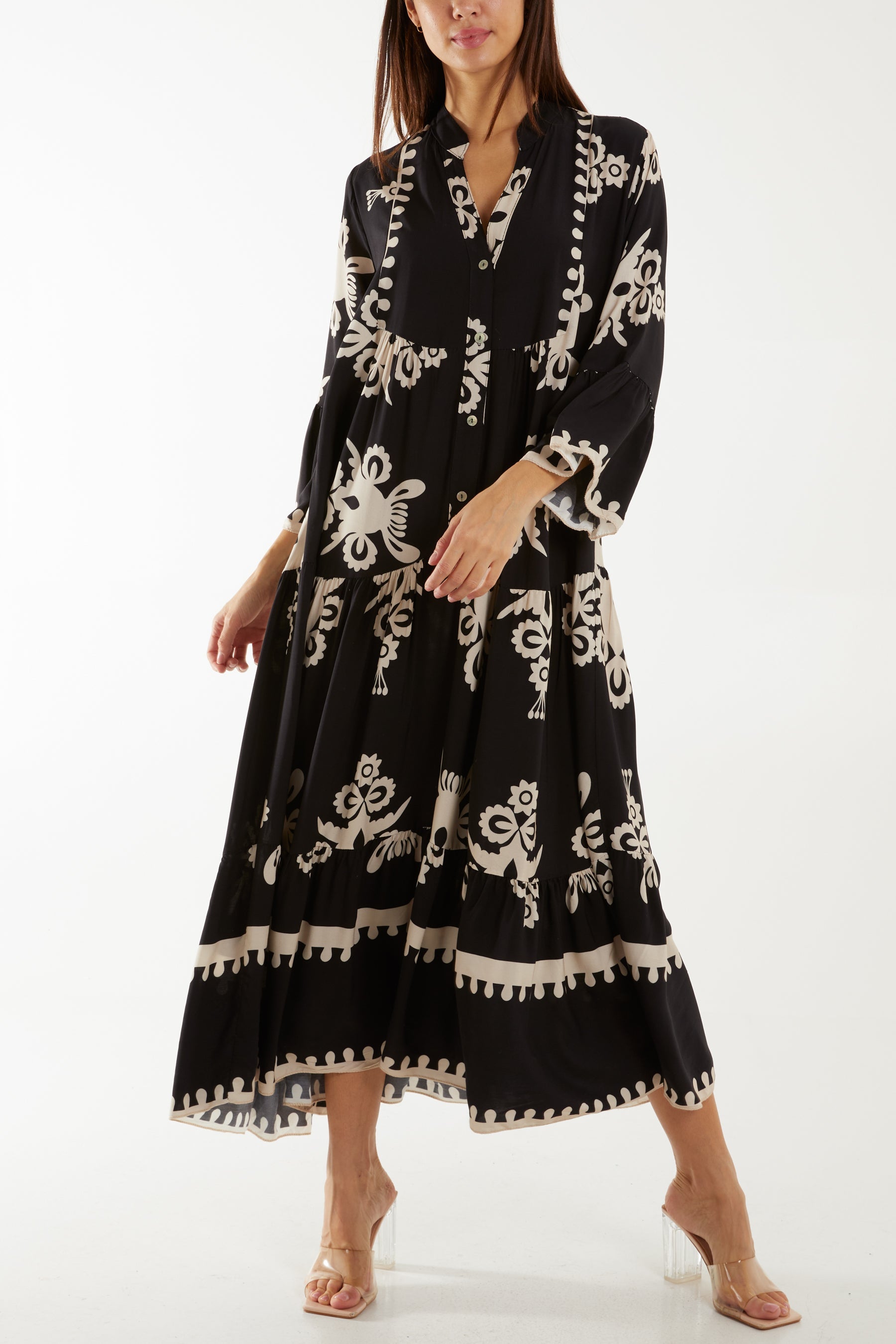 Printed Tiered Maxi Dress Dresses WearAll Black One Size