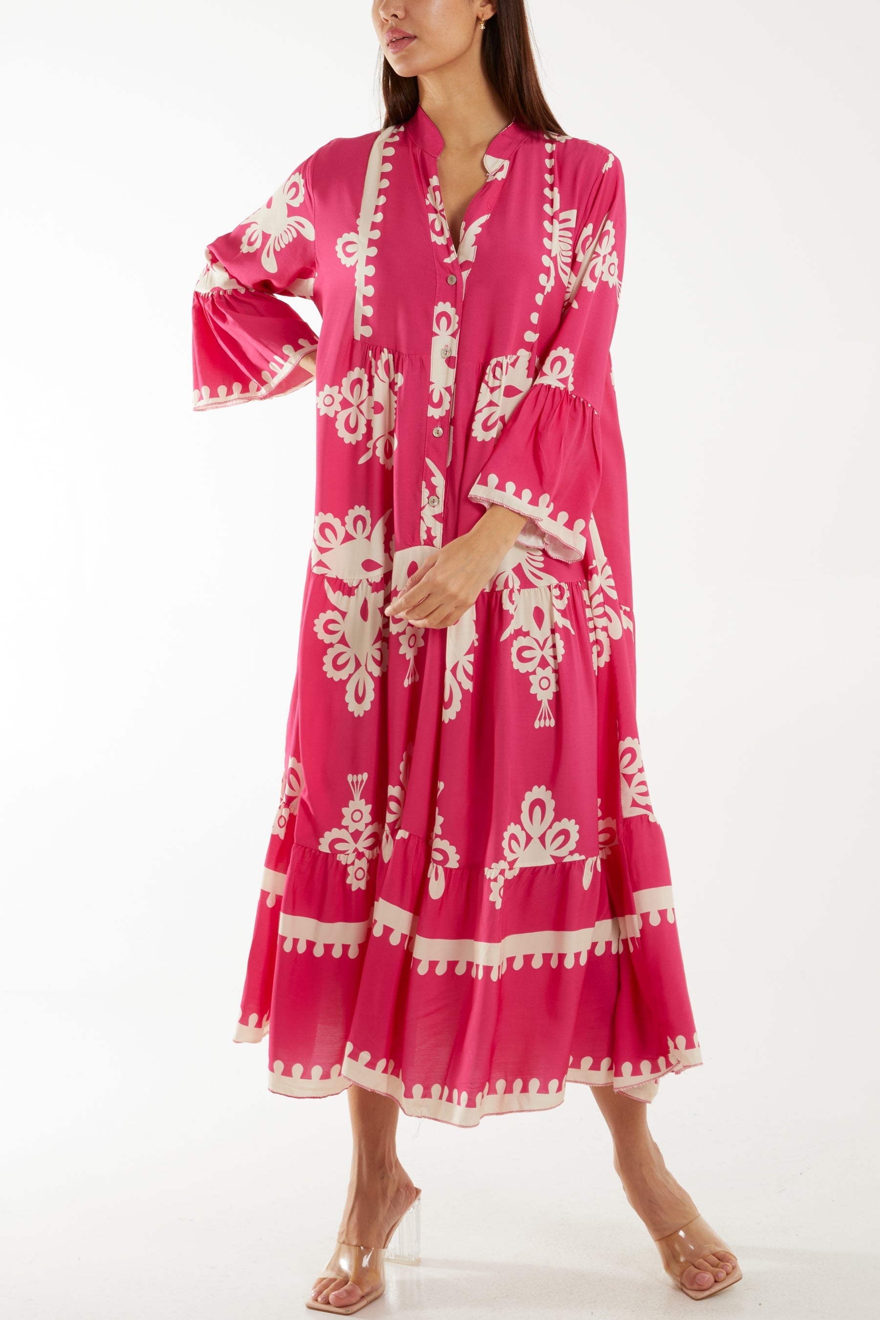 Printed Tiered Maxi Dress Dresses WearAll Hot Pink One Size