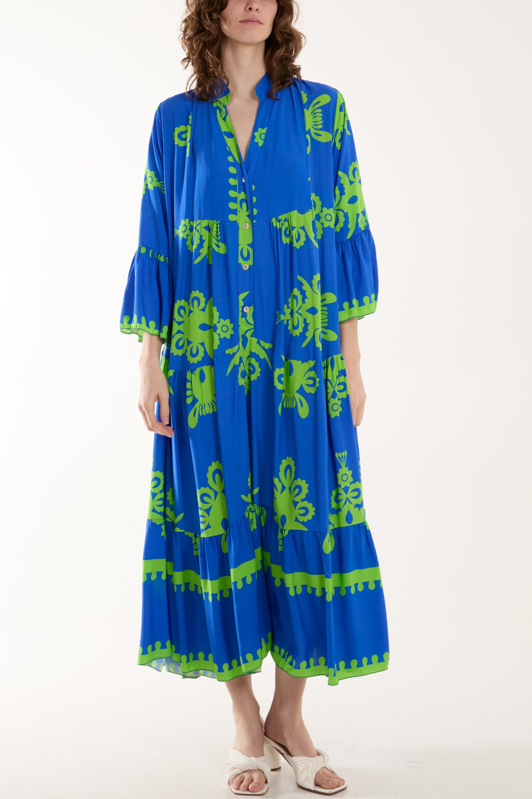 Printed Tiered Maxi Dress Dresses WearAll Royal Blue One Size