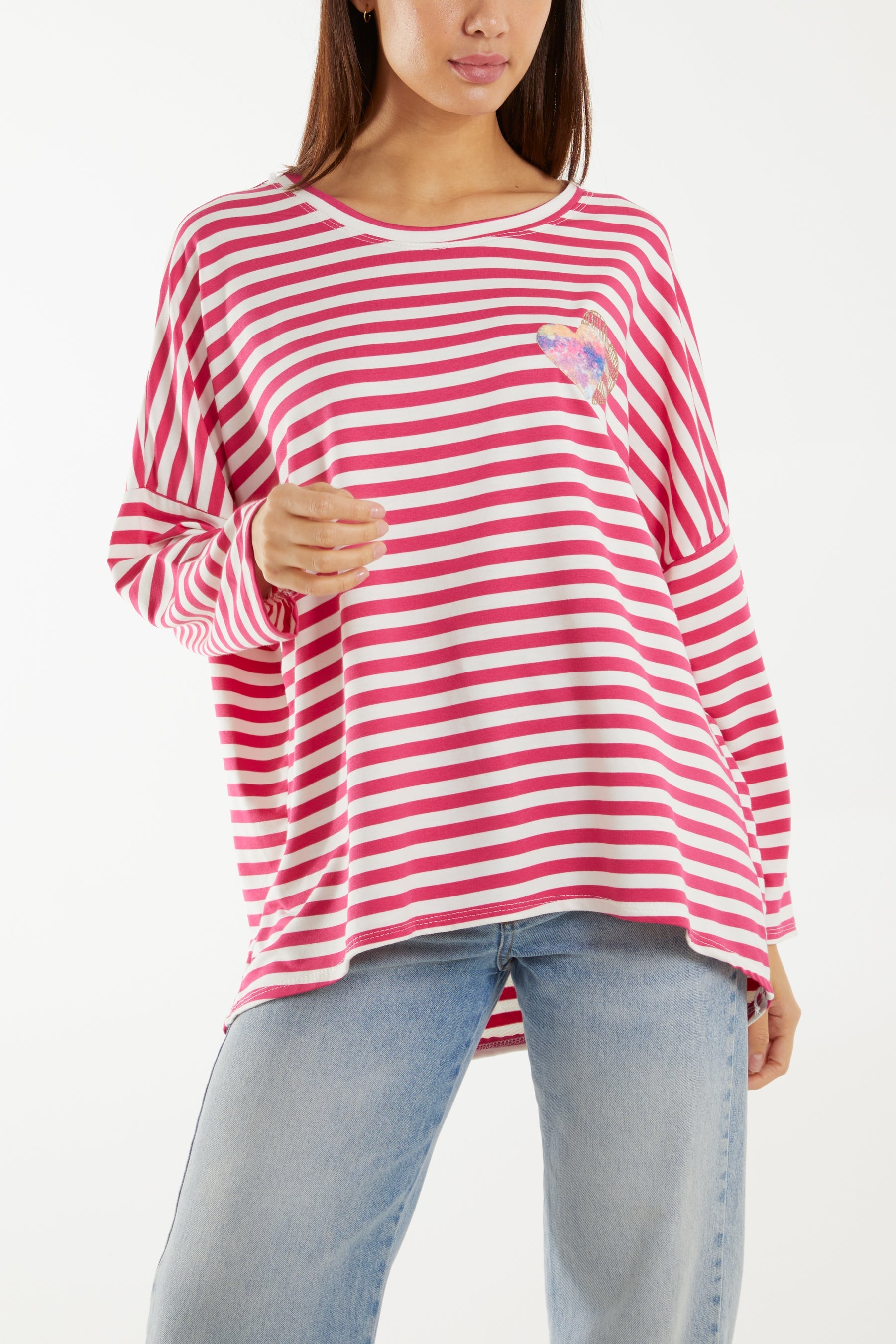 Heart Detail Long Sleeve Stripe Top T-shirts WearAll Hot Pink One Size