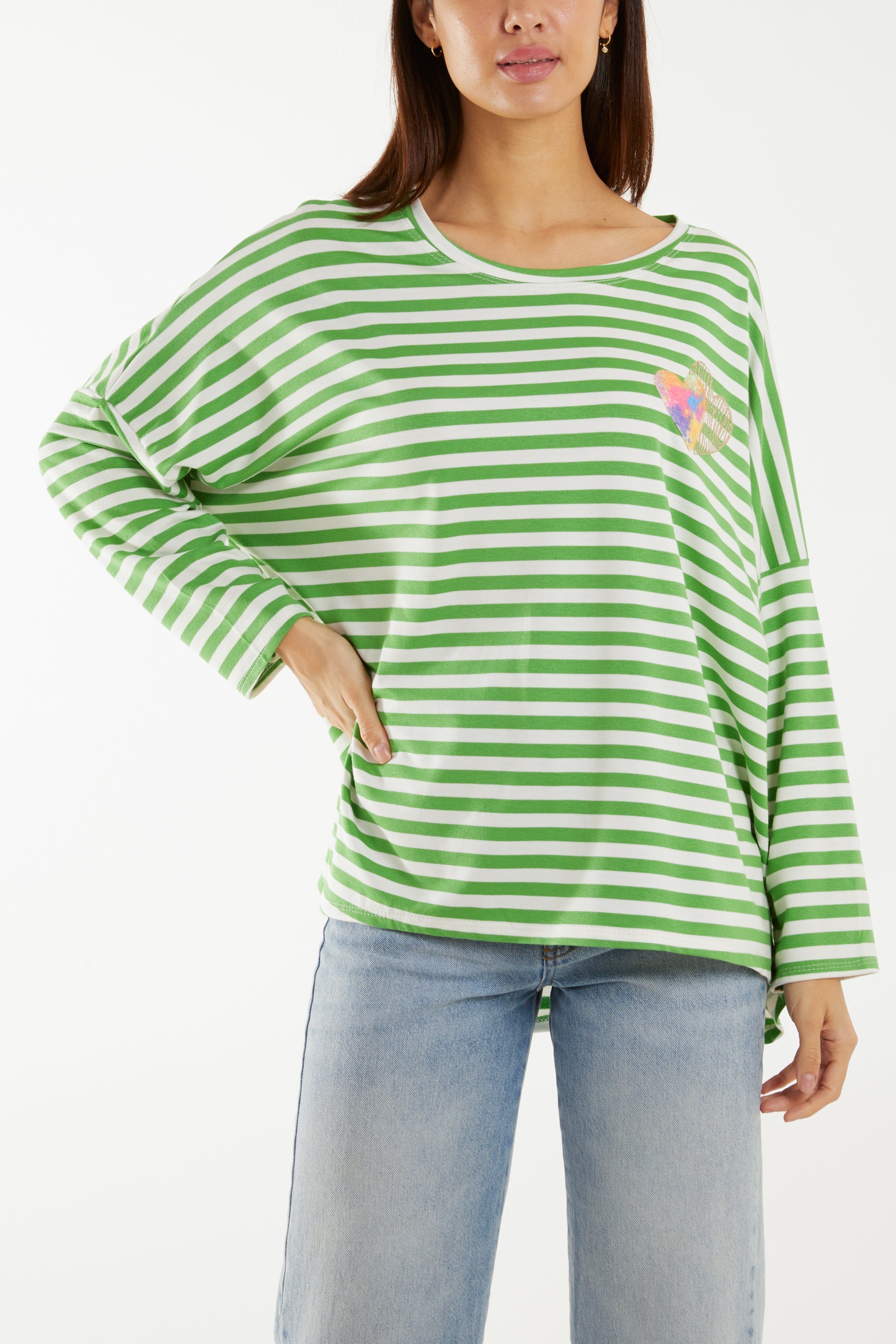 Heart Detail Long Sleeve Stripe Top T-shirts WearAll Apple Green One Size