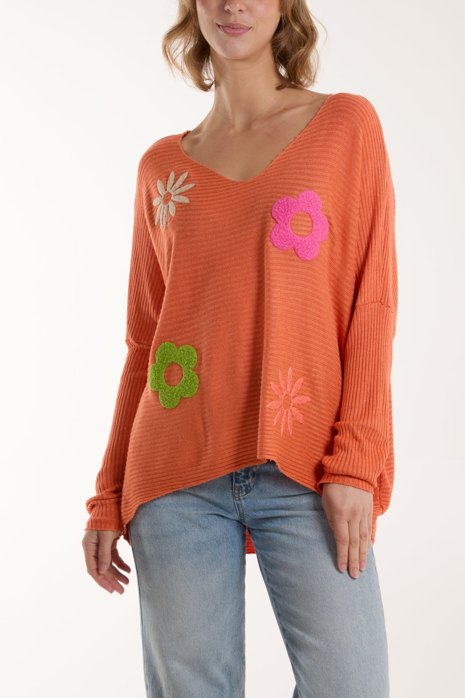 Wool Blend Floral Ribbed Knit Jumper Jumpers WearAll Orange One Size