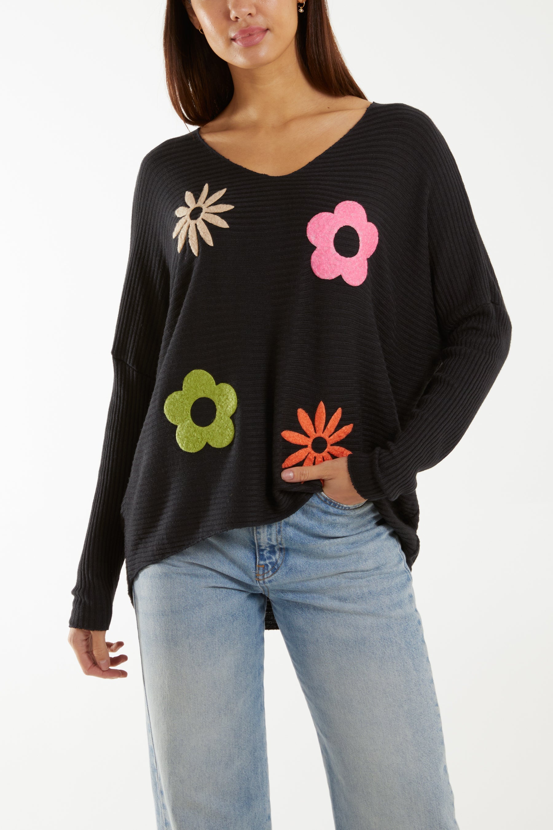 Wool Blend Floral Ribbed Knit Jumper Jumpers WearAll Black One Size