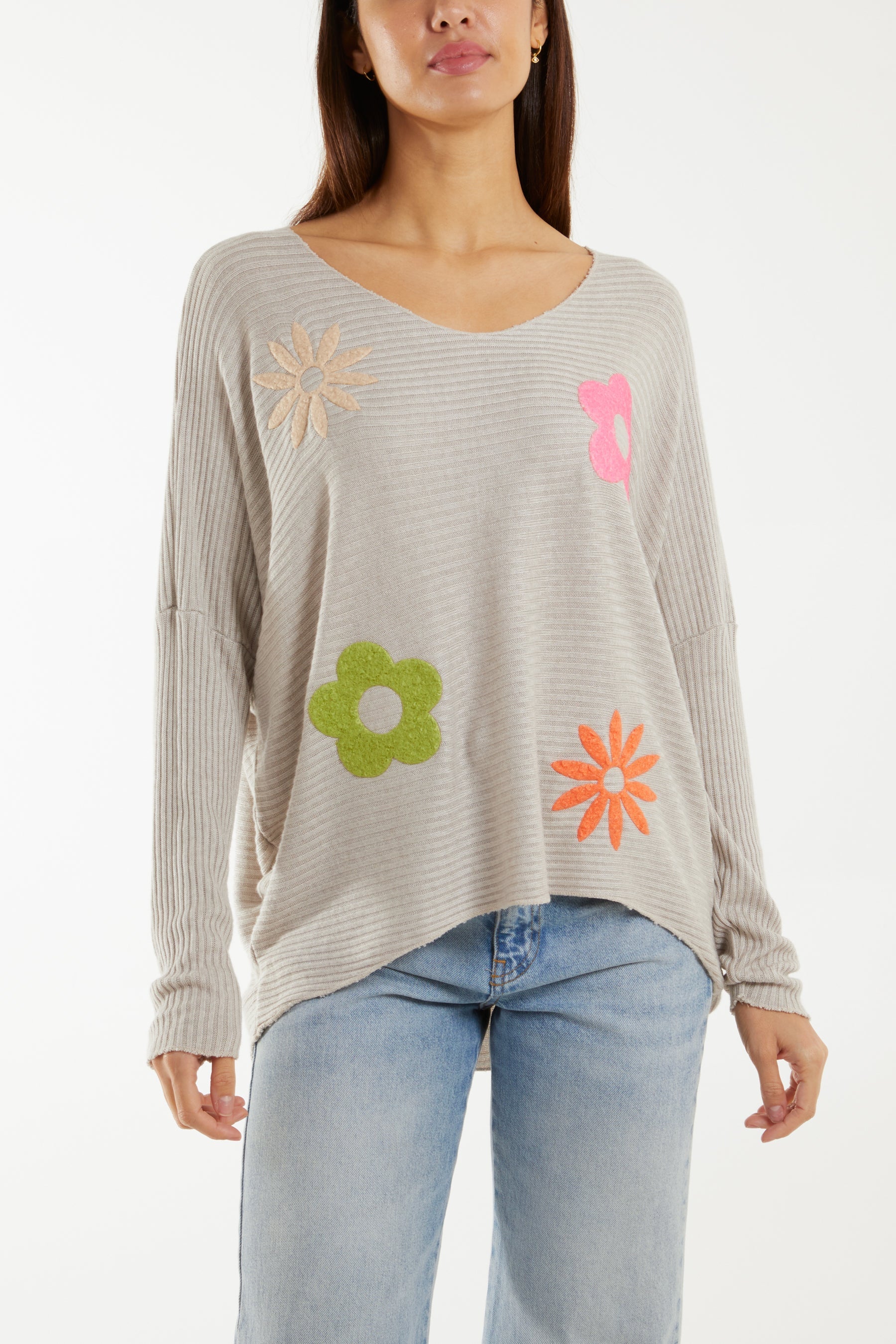 Wool Blend Floral Ribbed Knit Jumper Jumpers WearAll Stone One Size