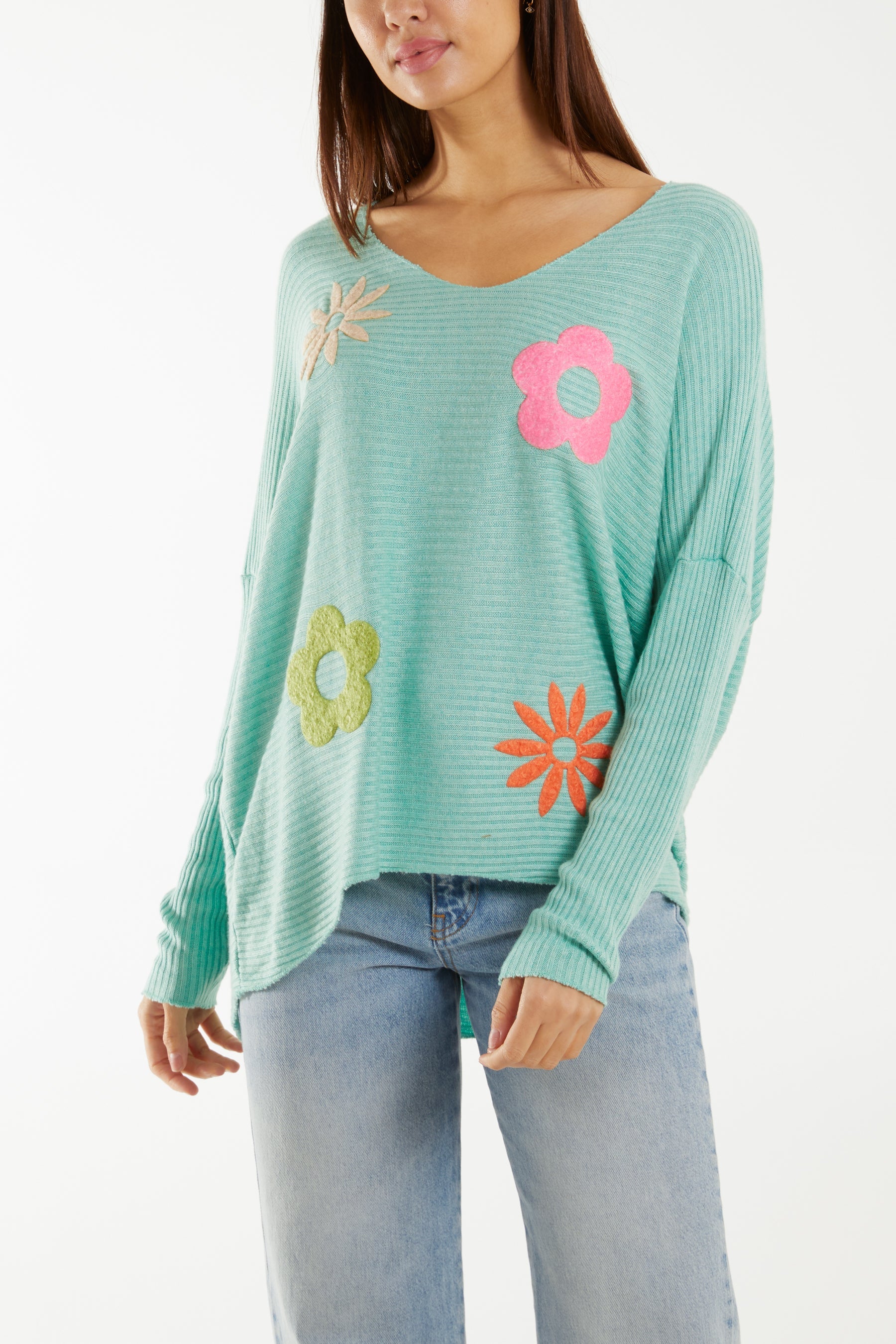 Wool Blend Floral Ribbed Knit Jumper Jumpers WearAll Mint One Size