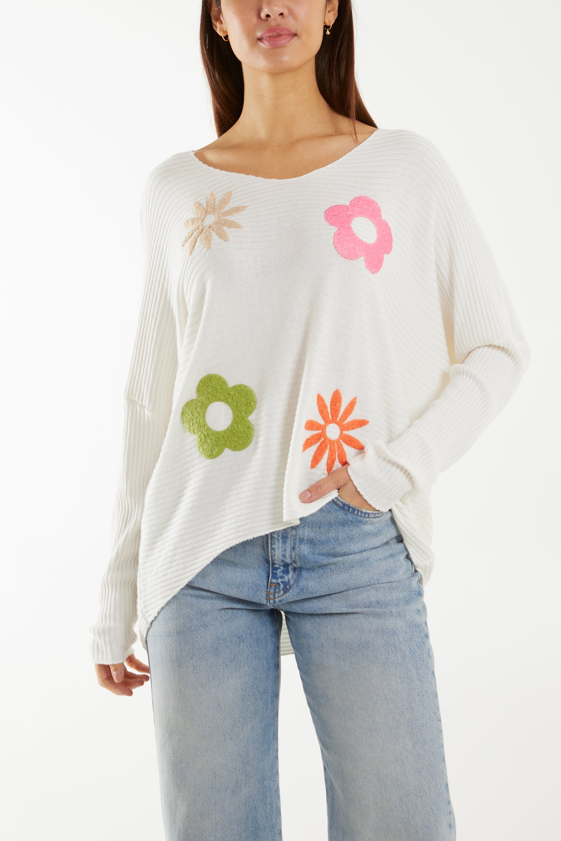 Wool Blend Floral Ribbed Knit Jumper Jumpers WearAll Cream One Size