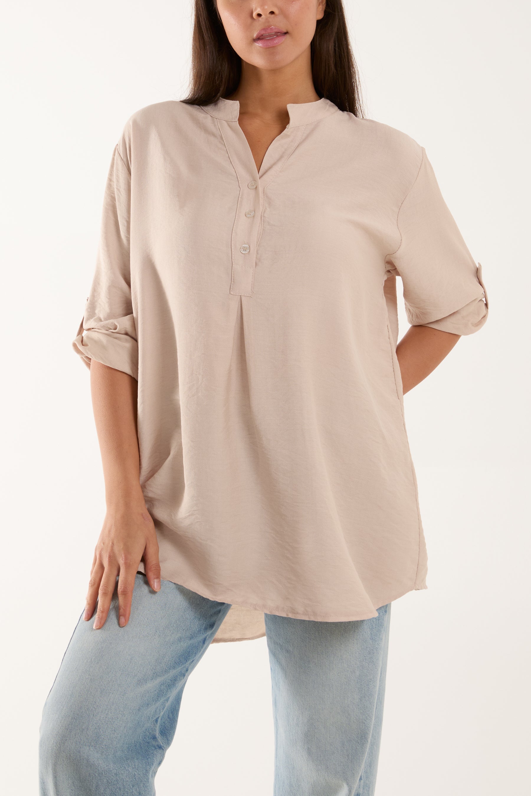 Grandad Collar Tied Up Sleeve Blouse Blouses WearAll Stone One Size