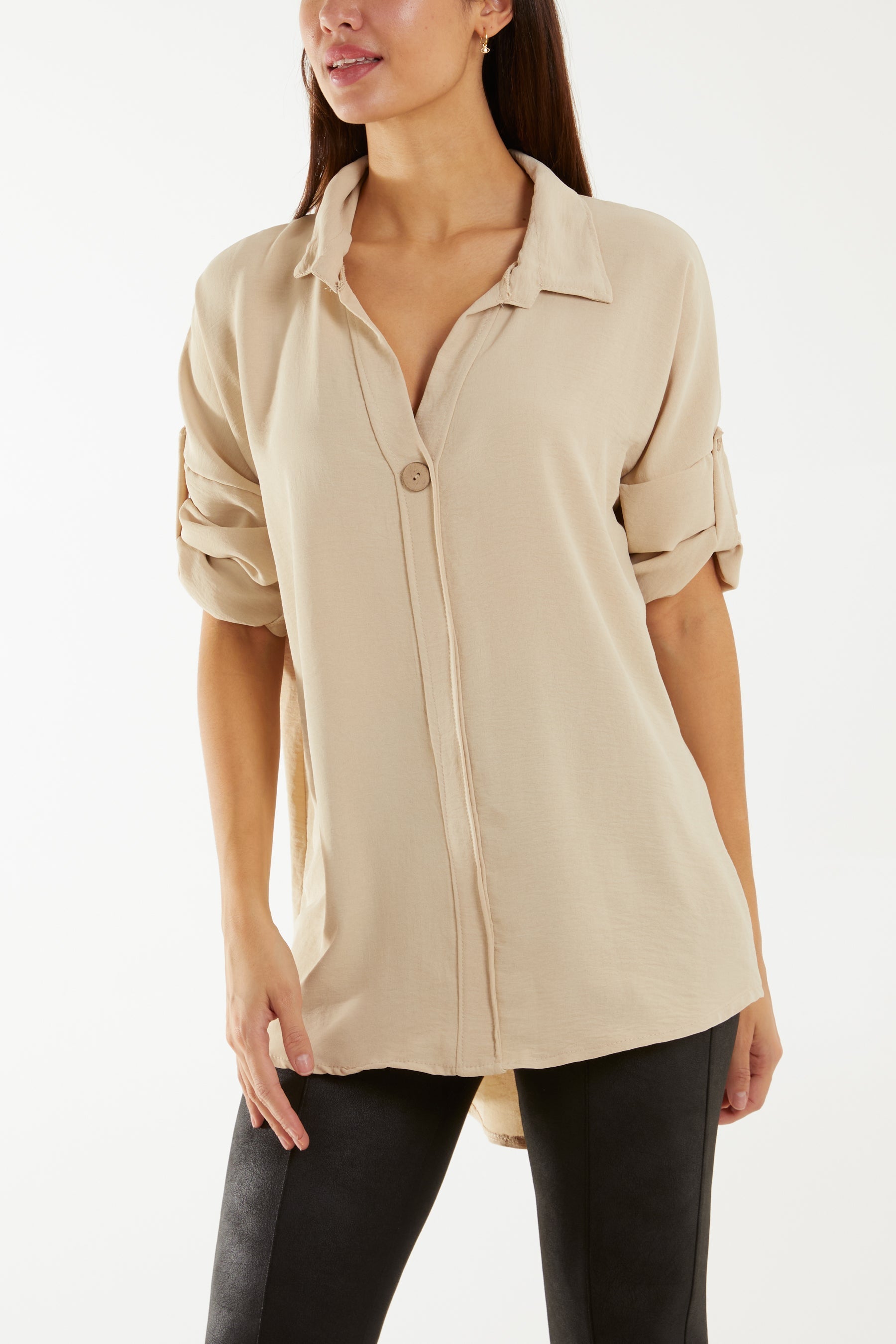 Open Collar Wooden Button Blouse Blouses WearAll Stone One Size