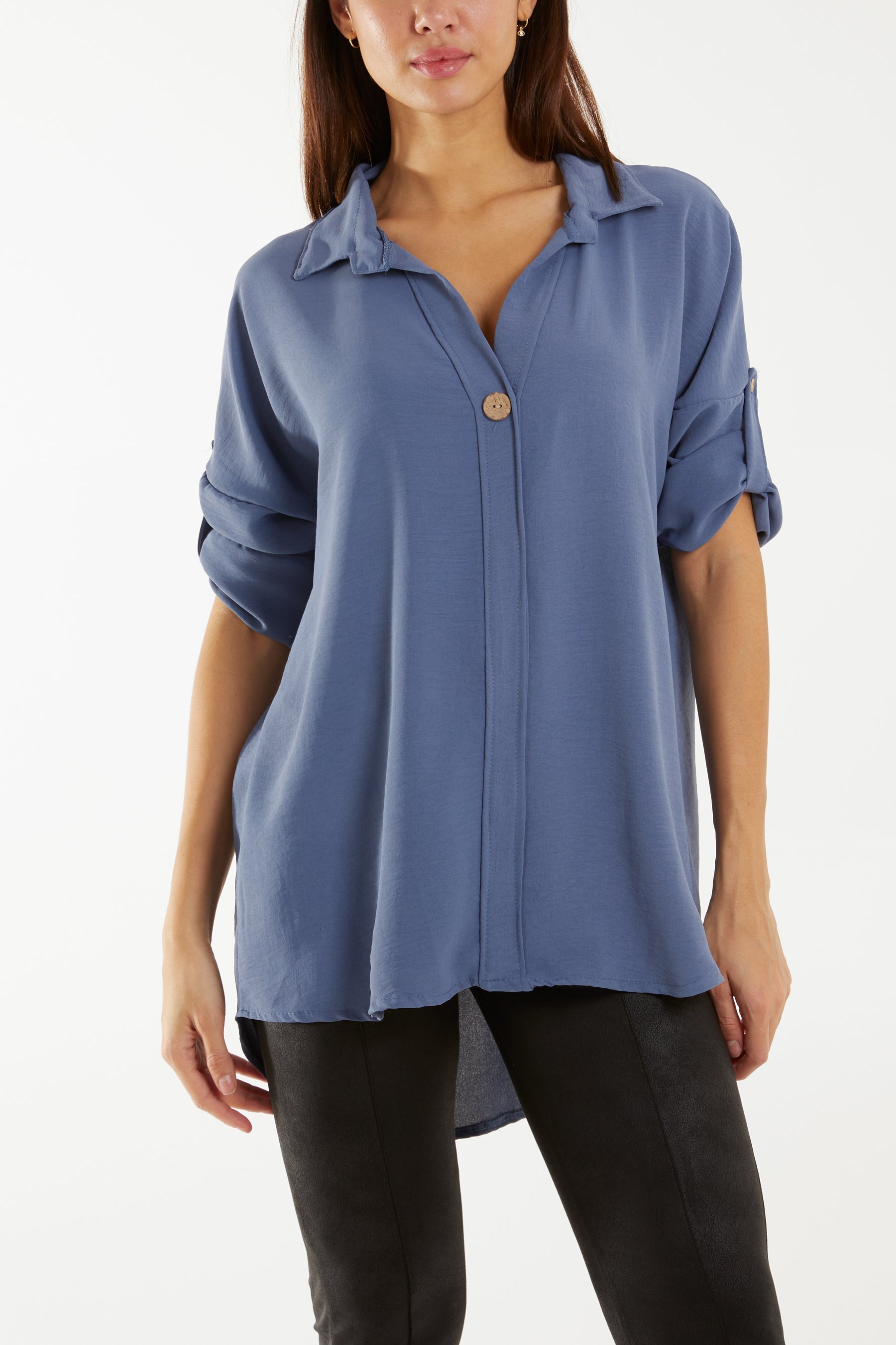 Open Collar Wooden Button Blouse Blouses WearAll Denim One Size