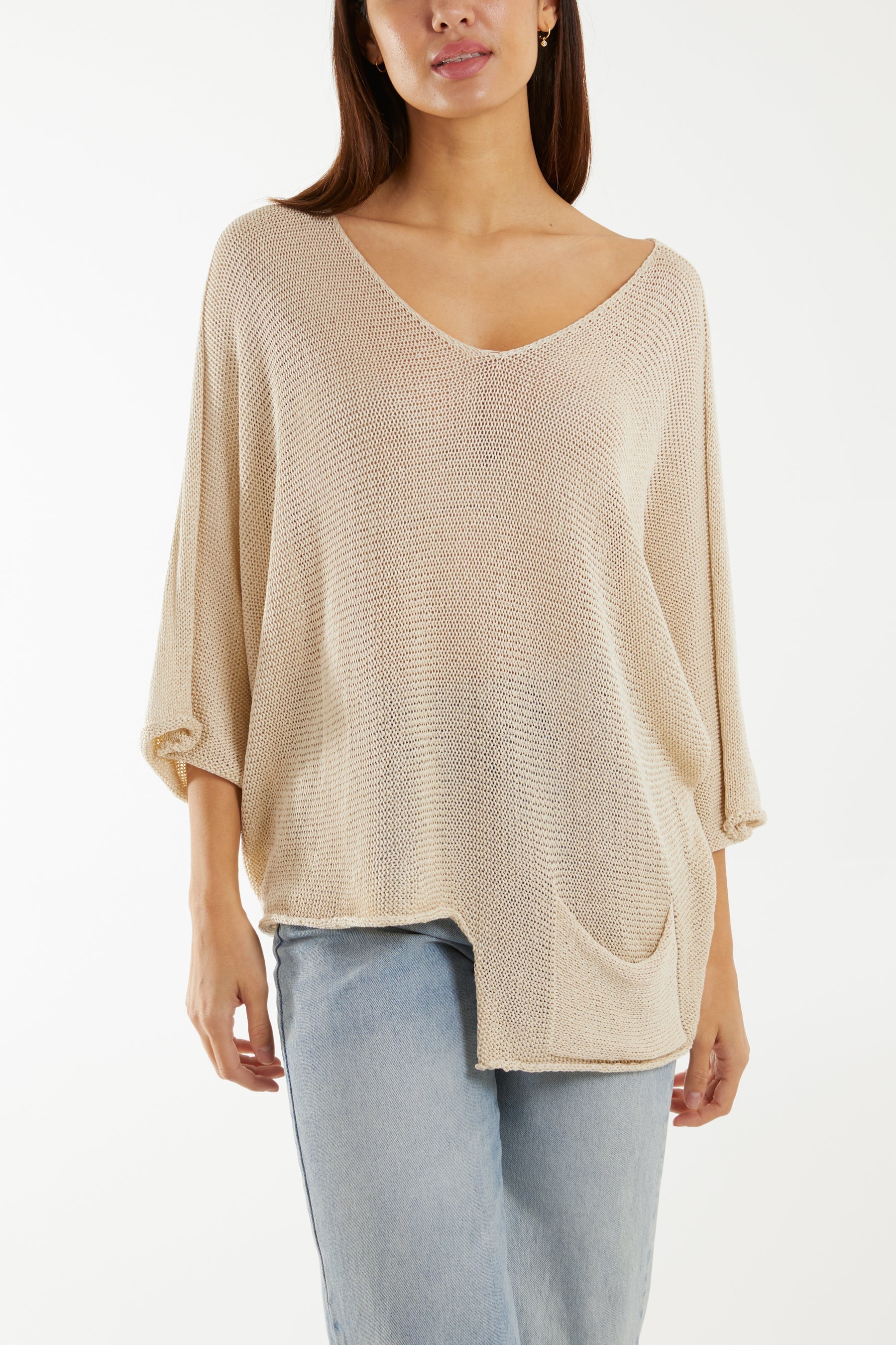 Cotton Crochet Asymmetric Hem Jumper Jumpers WearAll Beige One Size