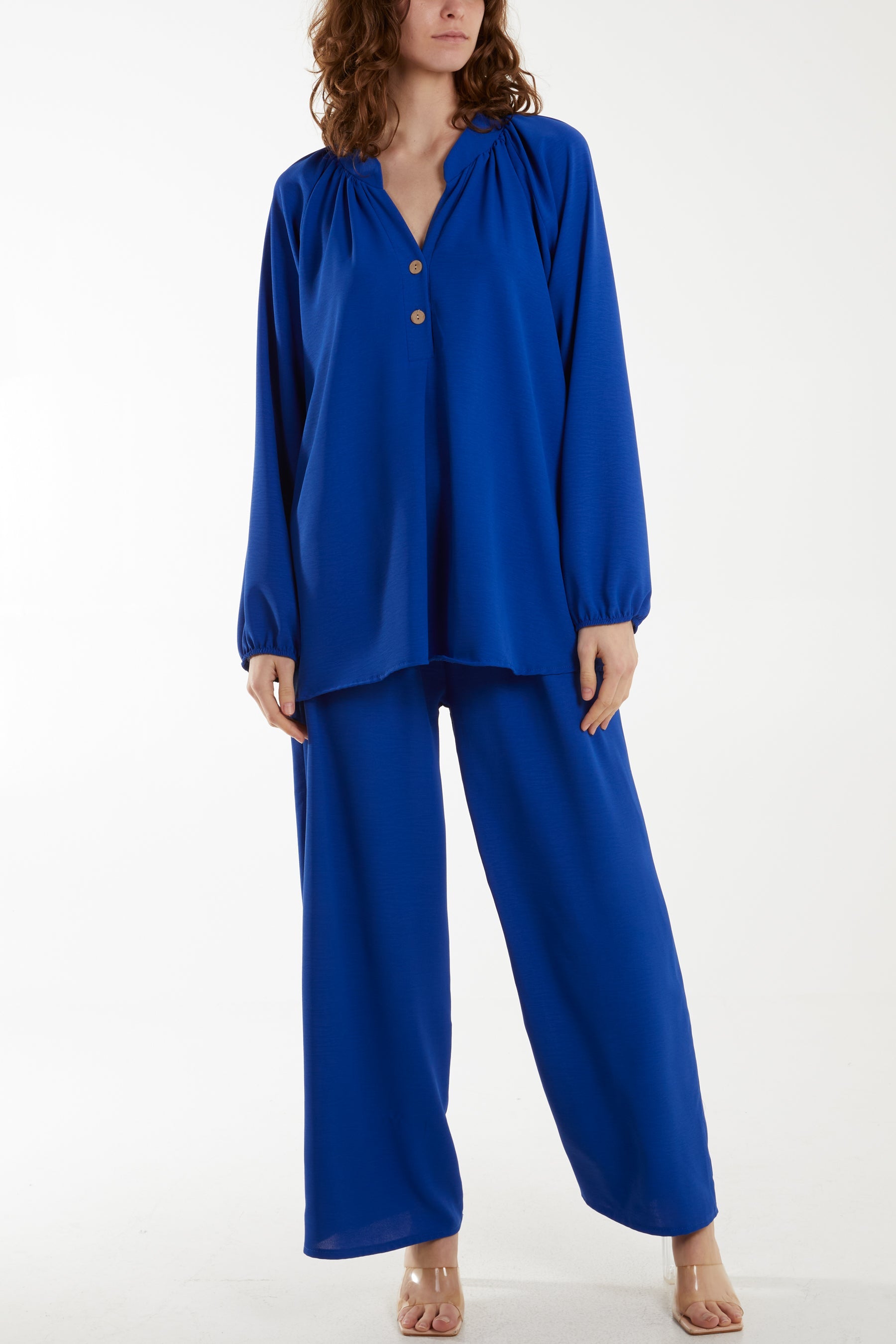 Grandad Blouse & Culotte Trouser Co-Ord Set Co-Ords WearAll Royal Blue One Size