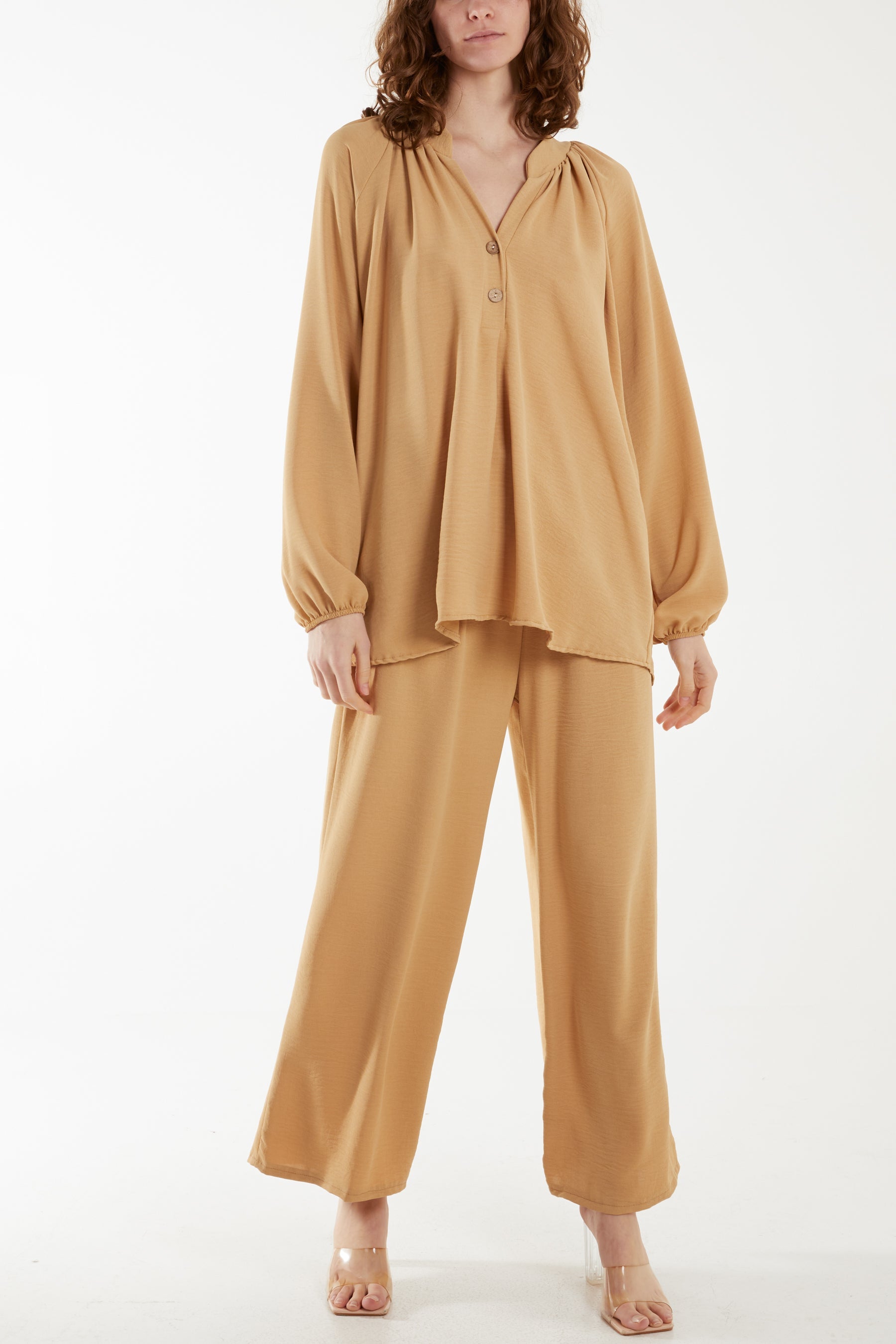 Grandad Blouse & Culotte Trouser Co-Ord Set Co-Ords WearAll Camel One Size