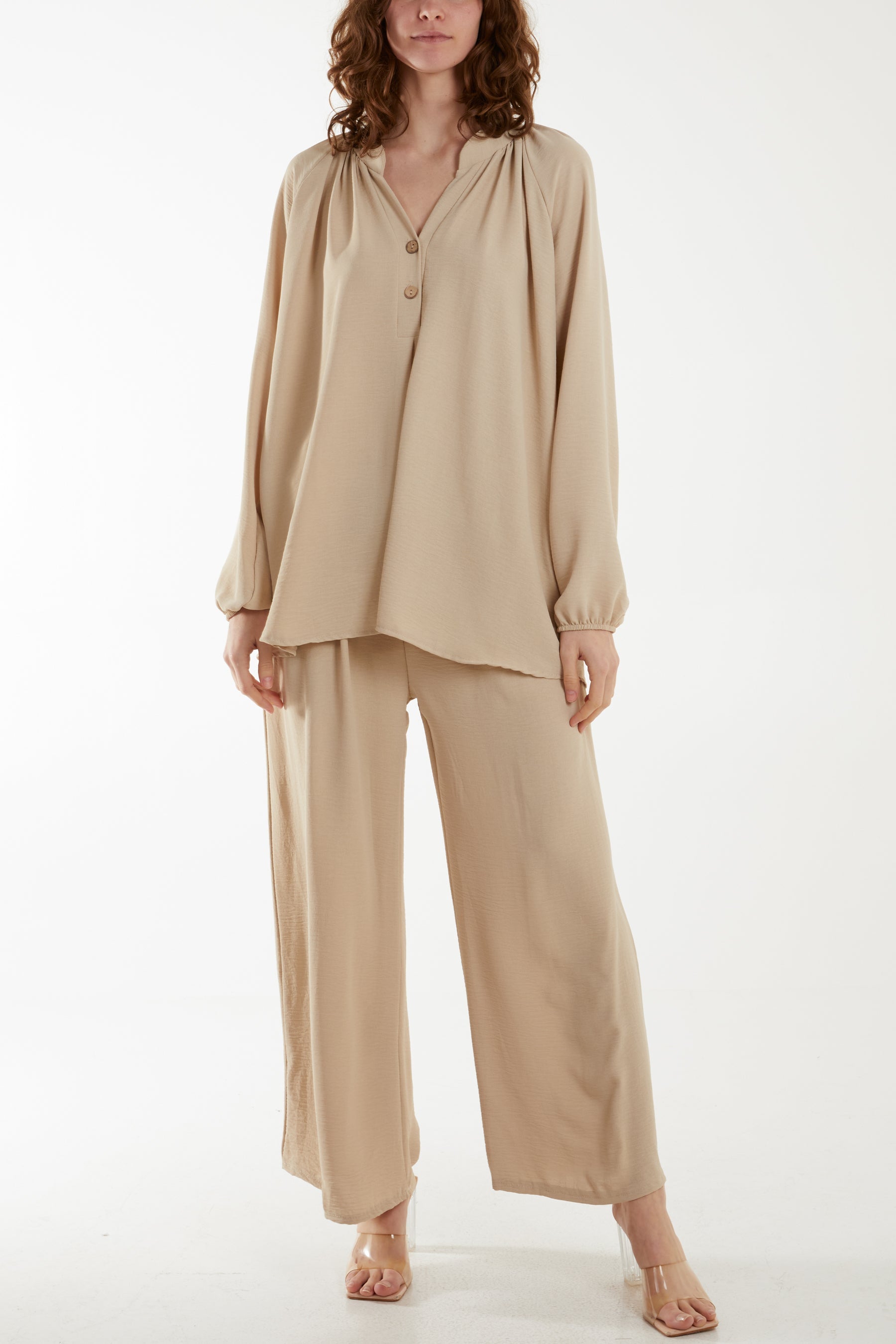 Grandad Blouse & Culotte Trouser Co-Ord Set Co-Ords WearAll Stone One Size