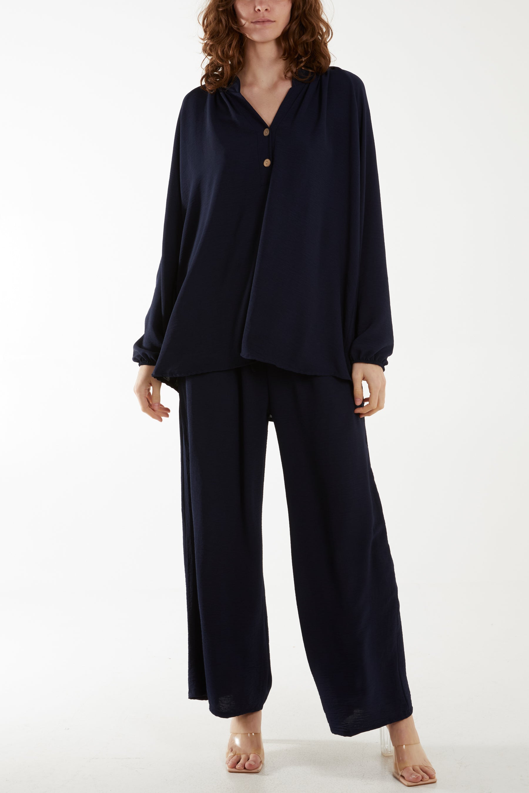Grandad Blouse & Culotte Trouser Co-Ord Set Co-Ords WearAll Navy One Size