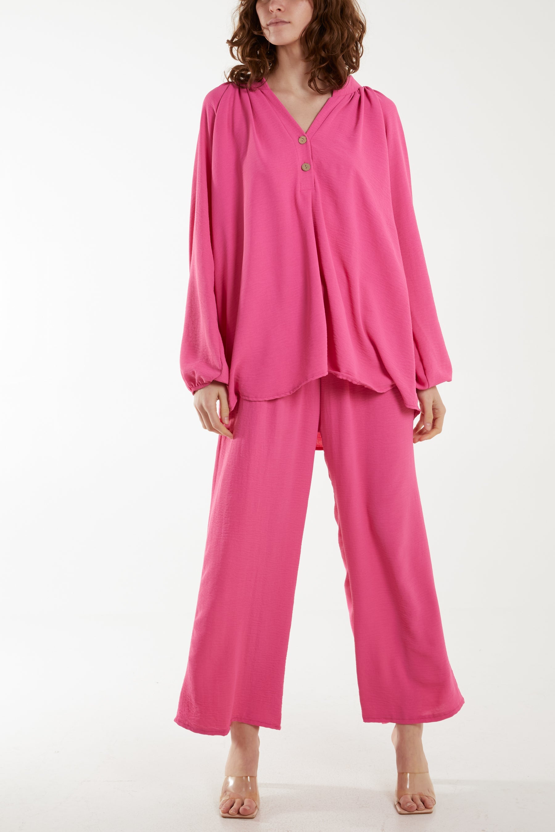 Grandad Blouse & Culotte Trouser Co-Ord Set Co-Ords WearAll Hot Pink One Size