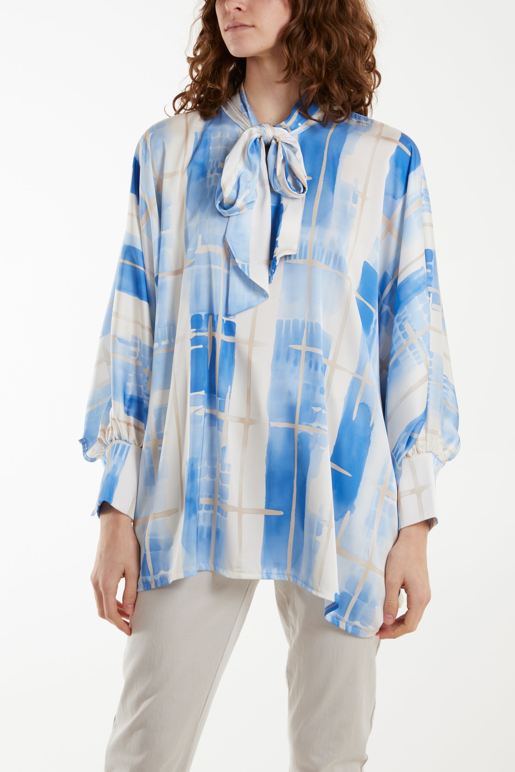 Geometric Pussybow Satin Blouse Shirts WearAll Light Blue One Size