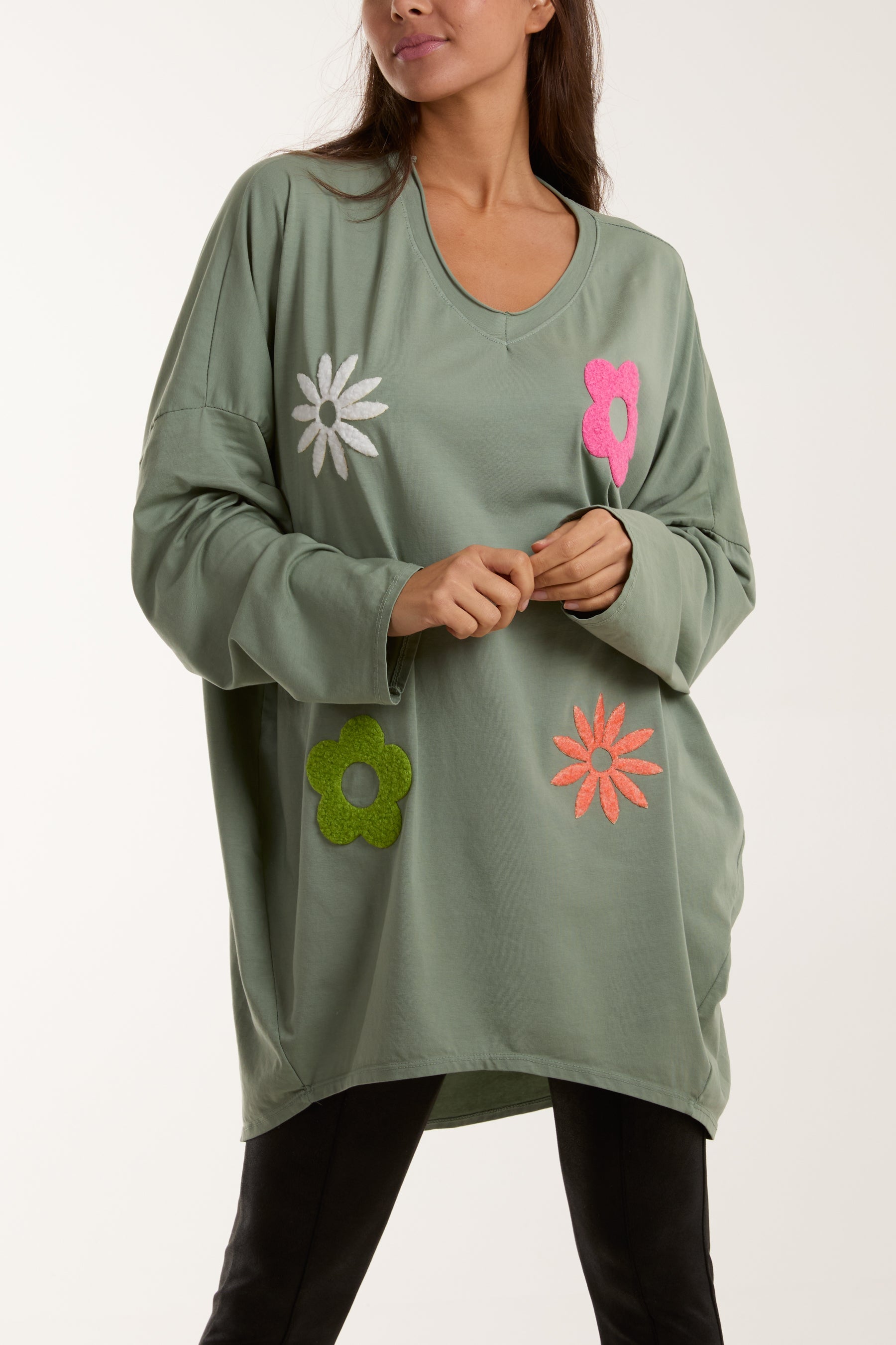 V-Neck Multicolour Flower Oversized Top Tops WearAll Khaki One Size