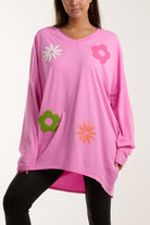 V-Neck Multicolour Flower Oversized Top Tops WearAll BubbleGum Pink One Size