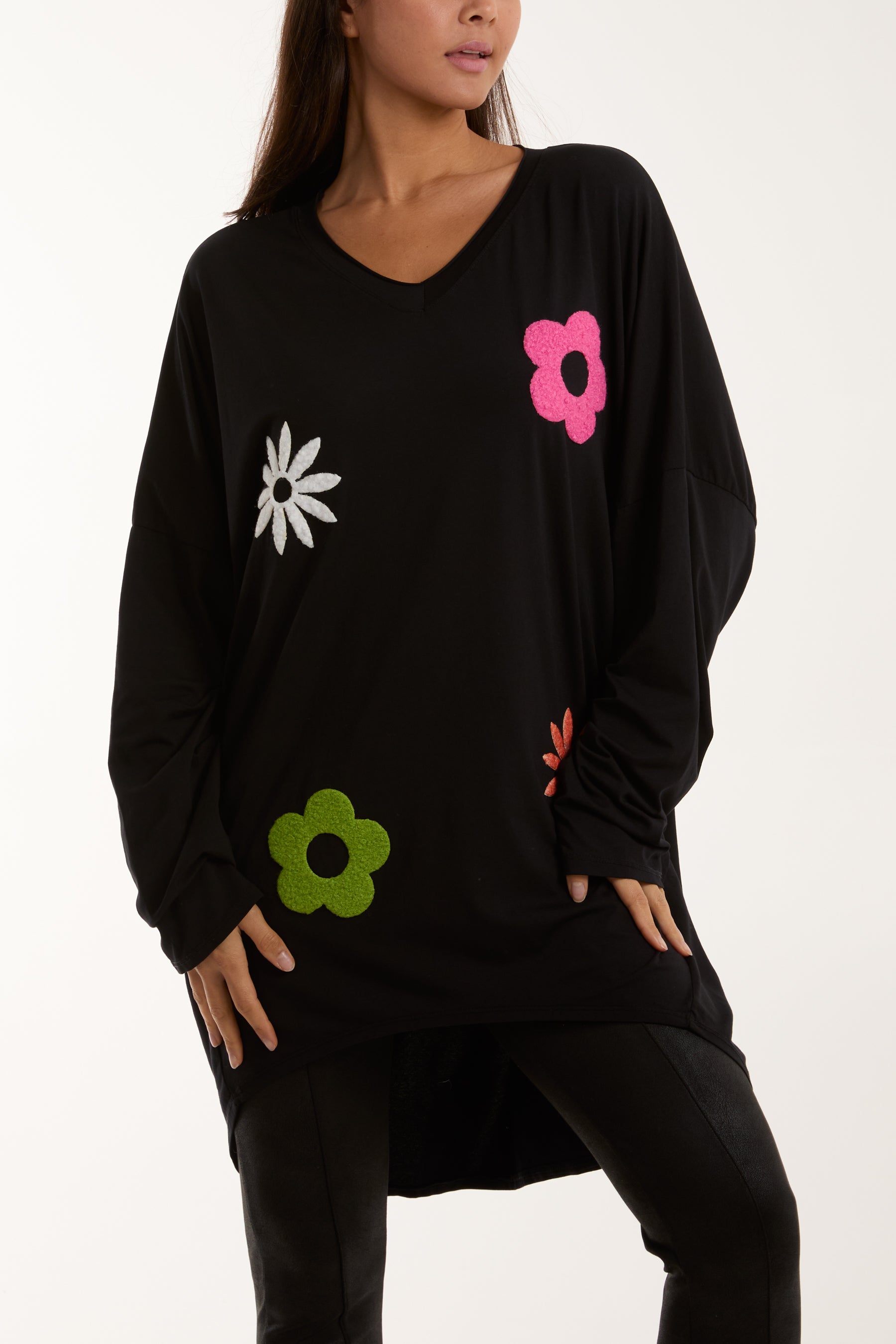 V-Neck Multicolour Flower Oversized Top Tops WearAll Black One Size